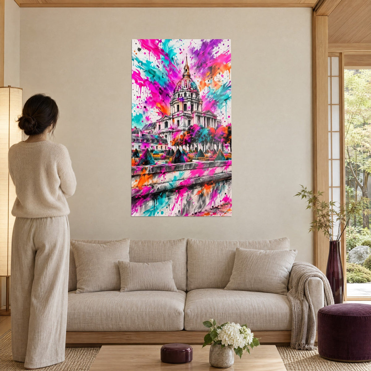 Cuadro con la cúpula dorada de los Inválidos salpicada de rosa y turquesa, mujer de espaldas, sobre un sofá en un salón luminoso