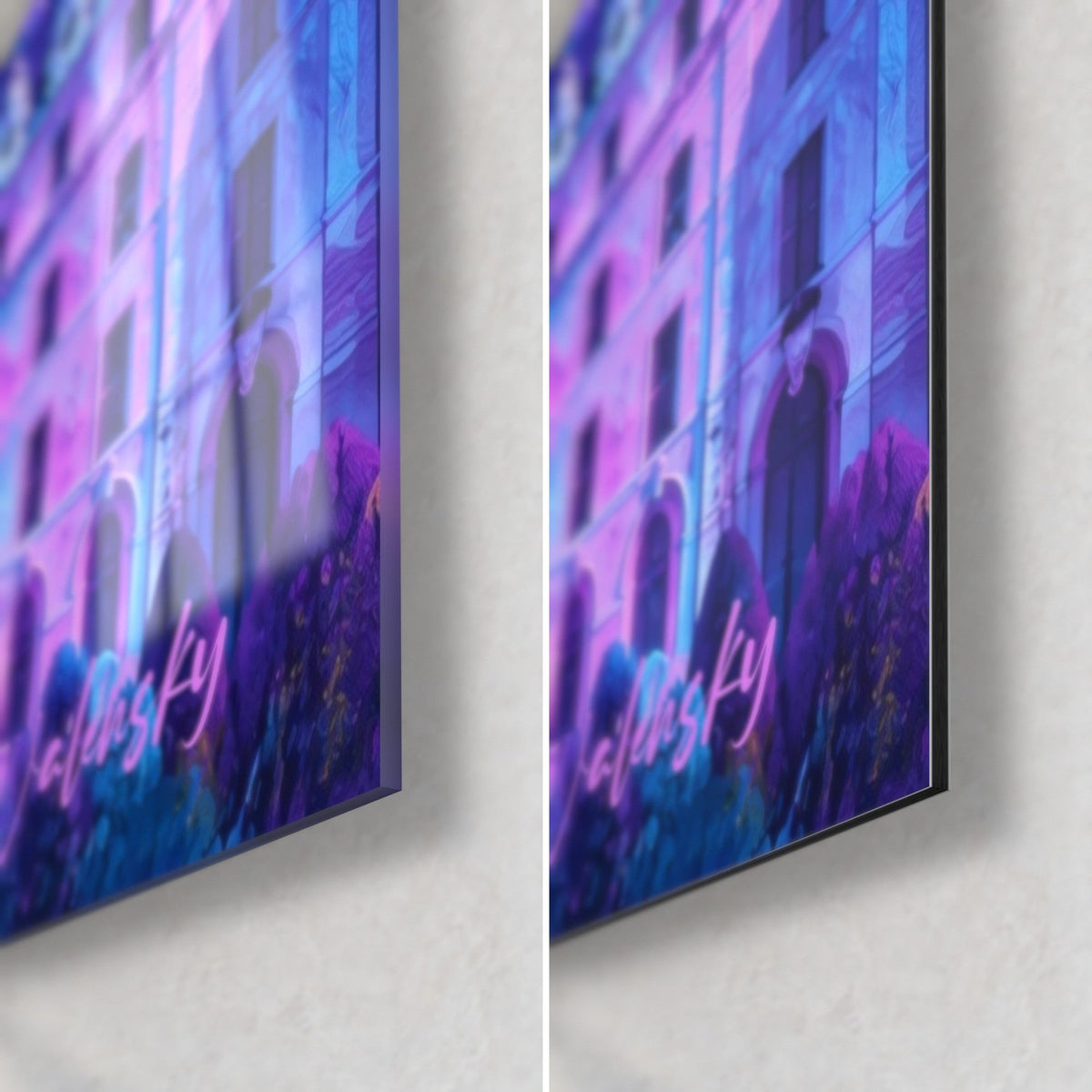 Gemälde goldene Pariser Kuppel, untere rechte Ecke: glänzendes Acrylglas links, matte Dibond-Aluminium rechts, 3 mm schwarze Kante