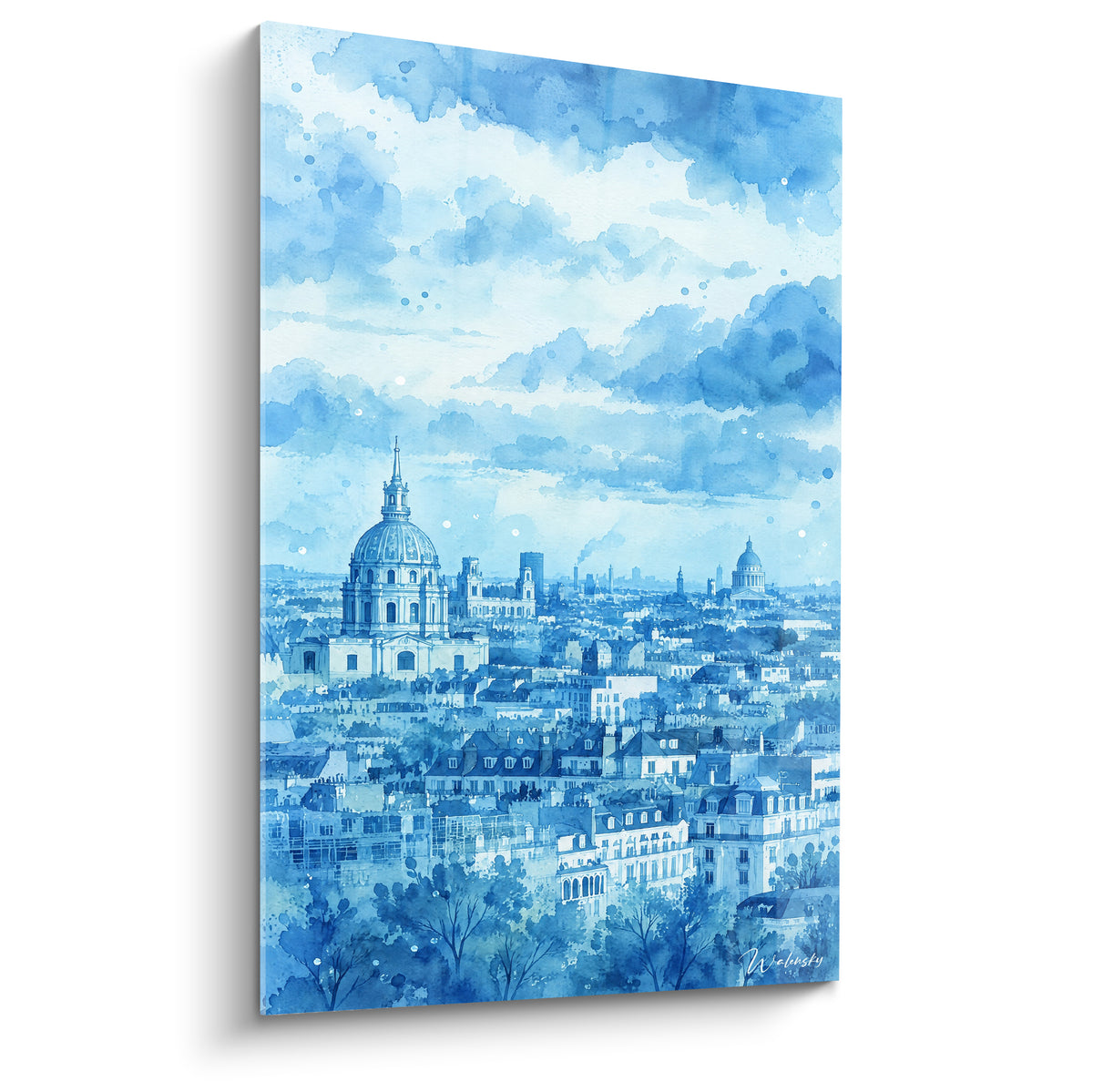 Dôme doré se dressant sur un panorama parisien aquarelle bleu marine et bleu pastel, toits mansardés en contrebas