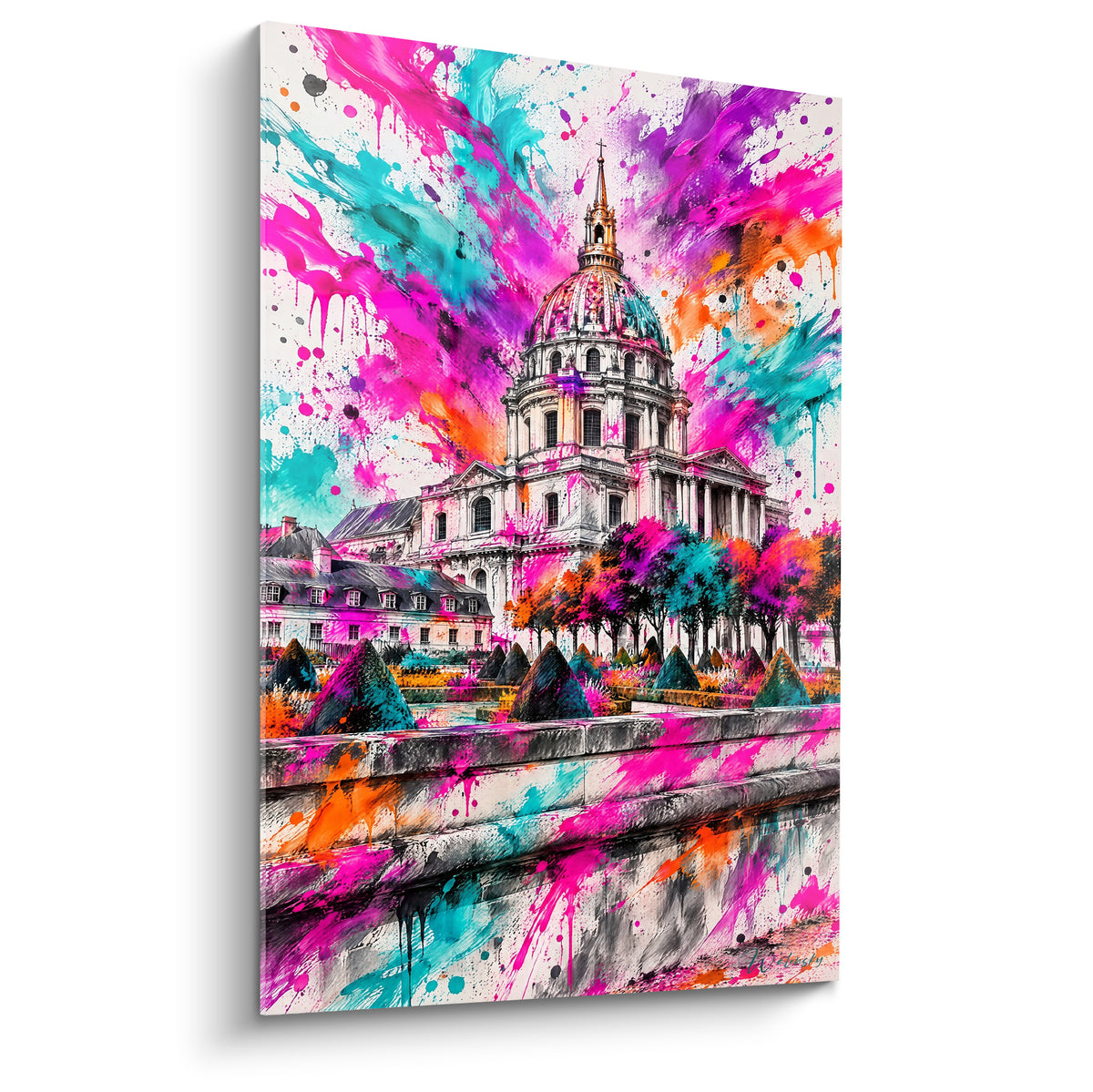Cuadro de la cúpula dorada del Hôtel des Invalides salpicada de rosa fucsia y turquesa eléctrico