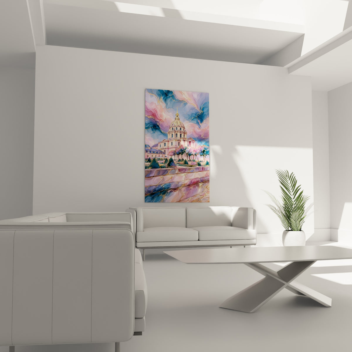 Monument parisien doré baigné de rose et de bleu marbré au-dessus d'un canapé dans un salon lumineux