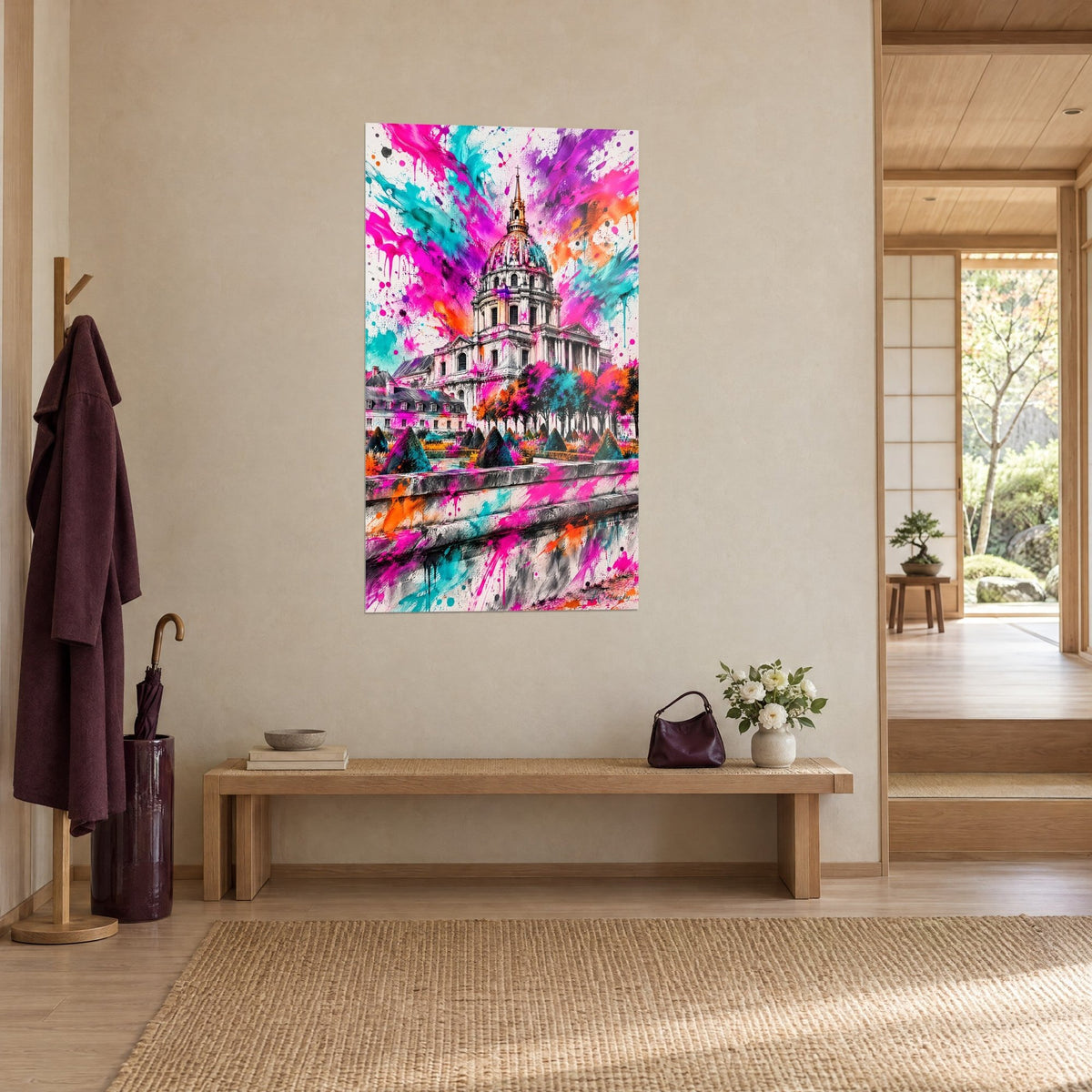 Cuadro del Hôtel des Invalides en acuarela, salpicaduras magenta y naranja sobre fachada blanca, pared beige japandi, banco de madera clara