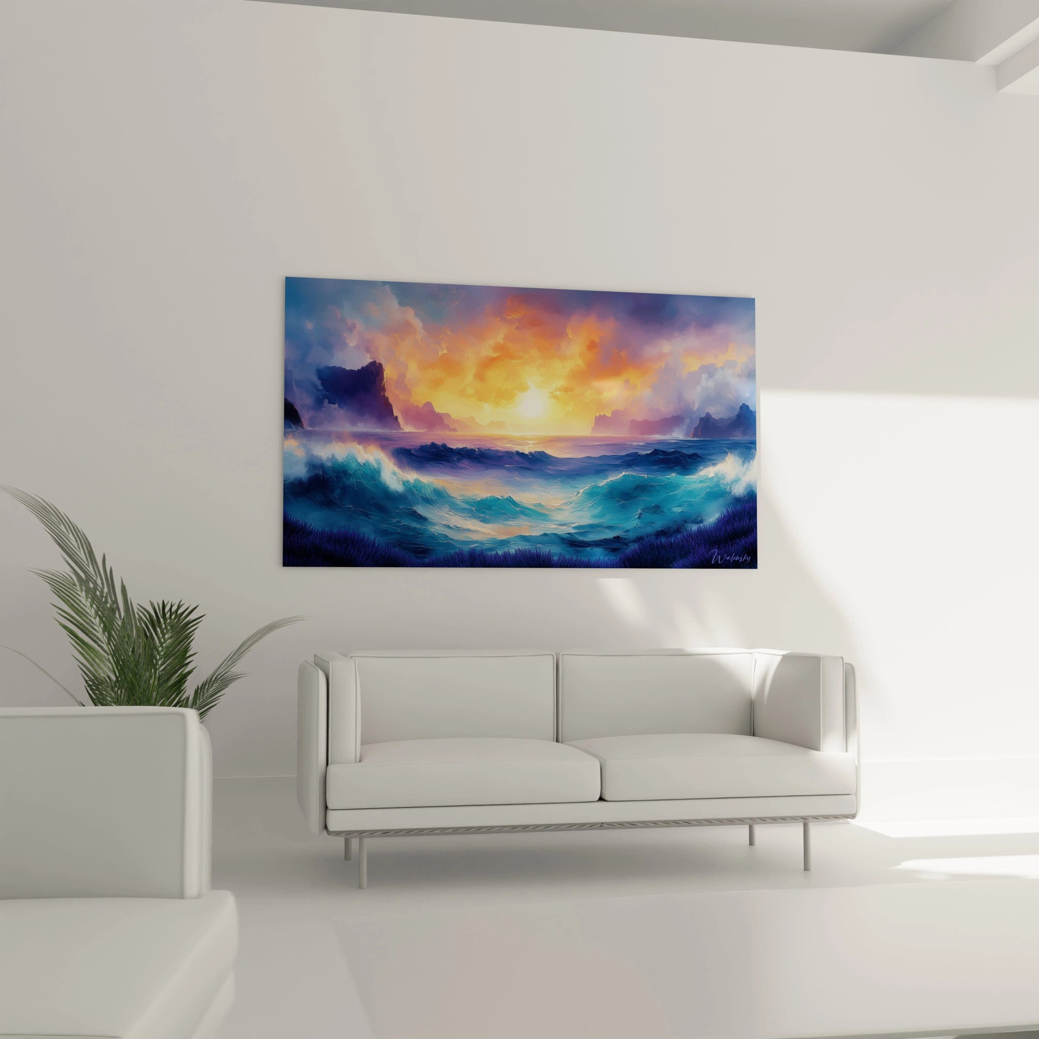 Un tableau maritime illustrant un coucher de soleil flamboyant aux couleurs orange, jaune et violet dominant le ciel, avec un océan tumultueux aux vagues bleu profond et turquoise déferlant autour de rochers sombres, créant un contraste saisissant entre les tons chauds célestes et froids aquatiques.
