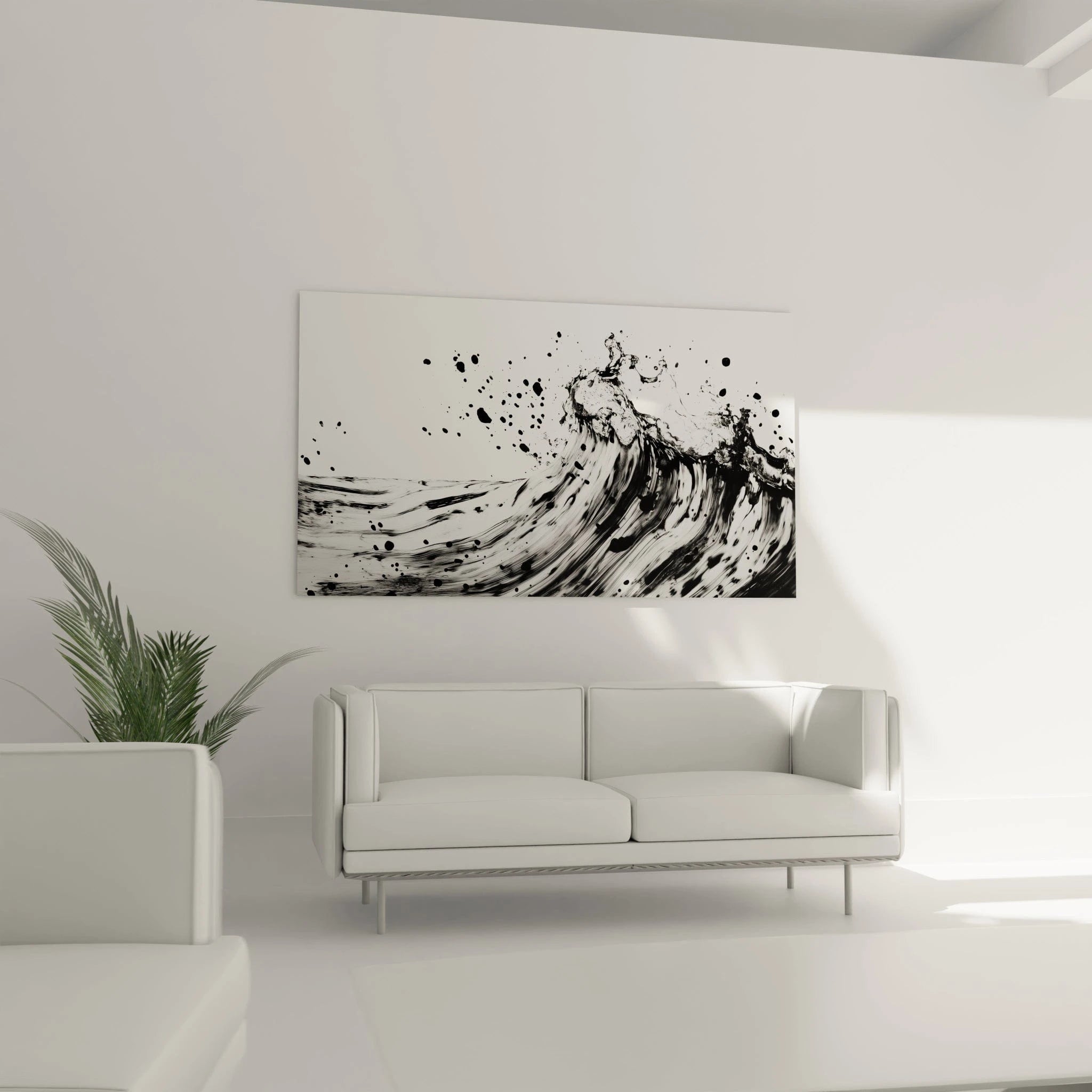 Tableau tacheté noir et blanc par Walensky représentant une vague dynamique dans un salon moderne