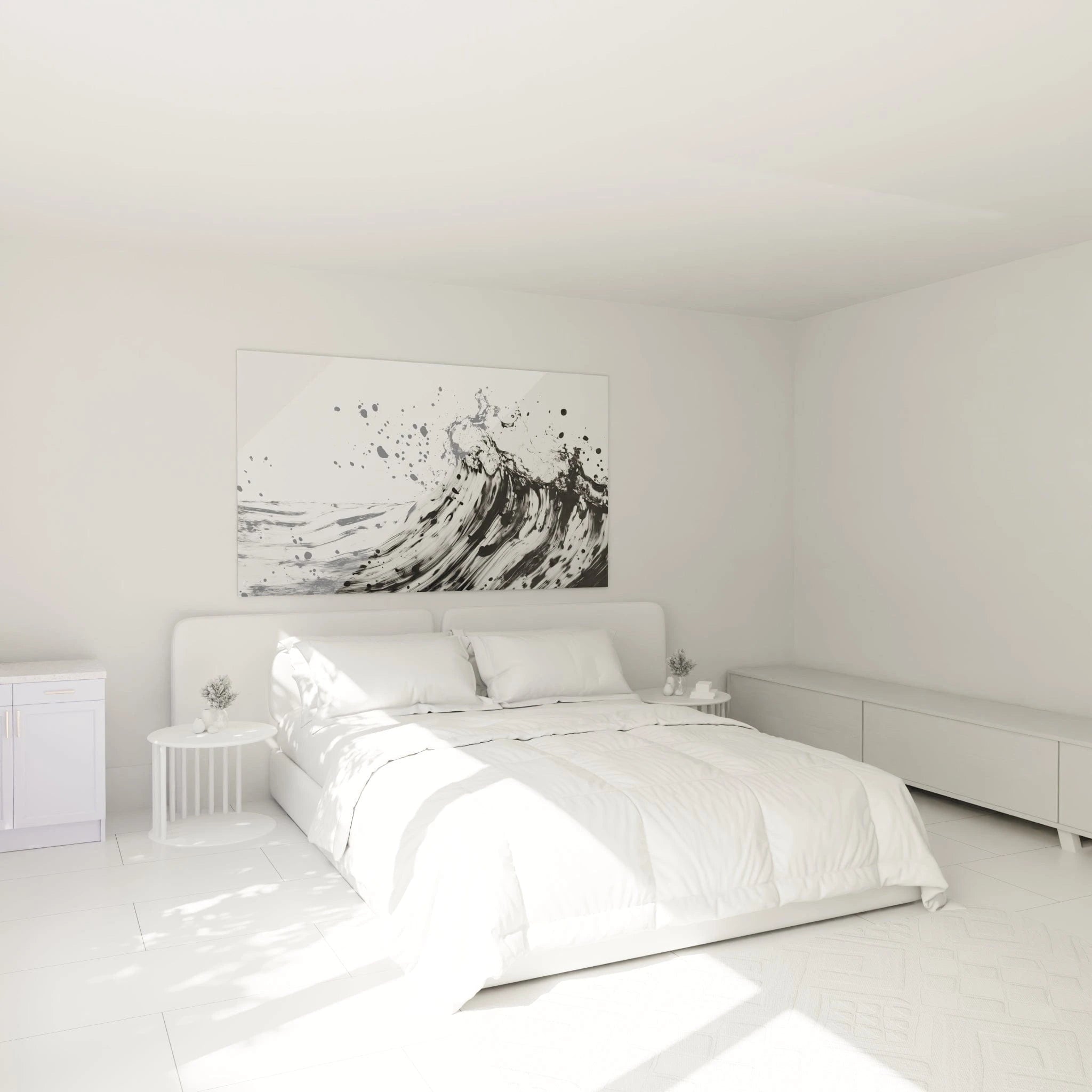 Tableau tacheté noir et blanc de Walensky représentant une vague sur un mur de chambre moderne