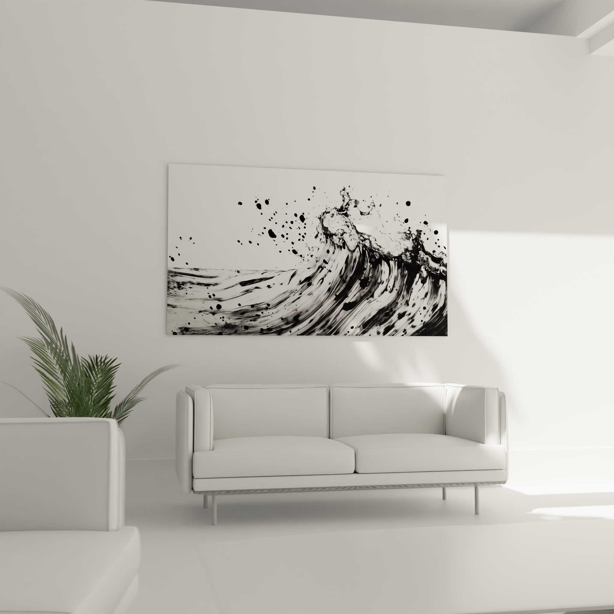 Tableau tacheté noir et blanc par Walensky représentant une vague dynamique dans un salon moderne