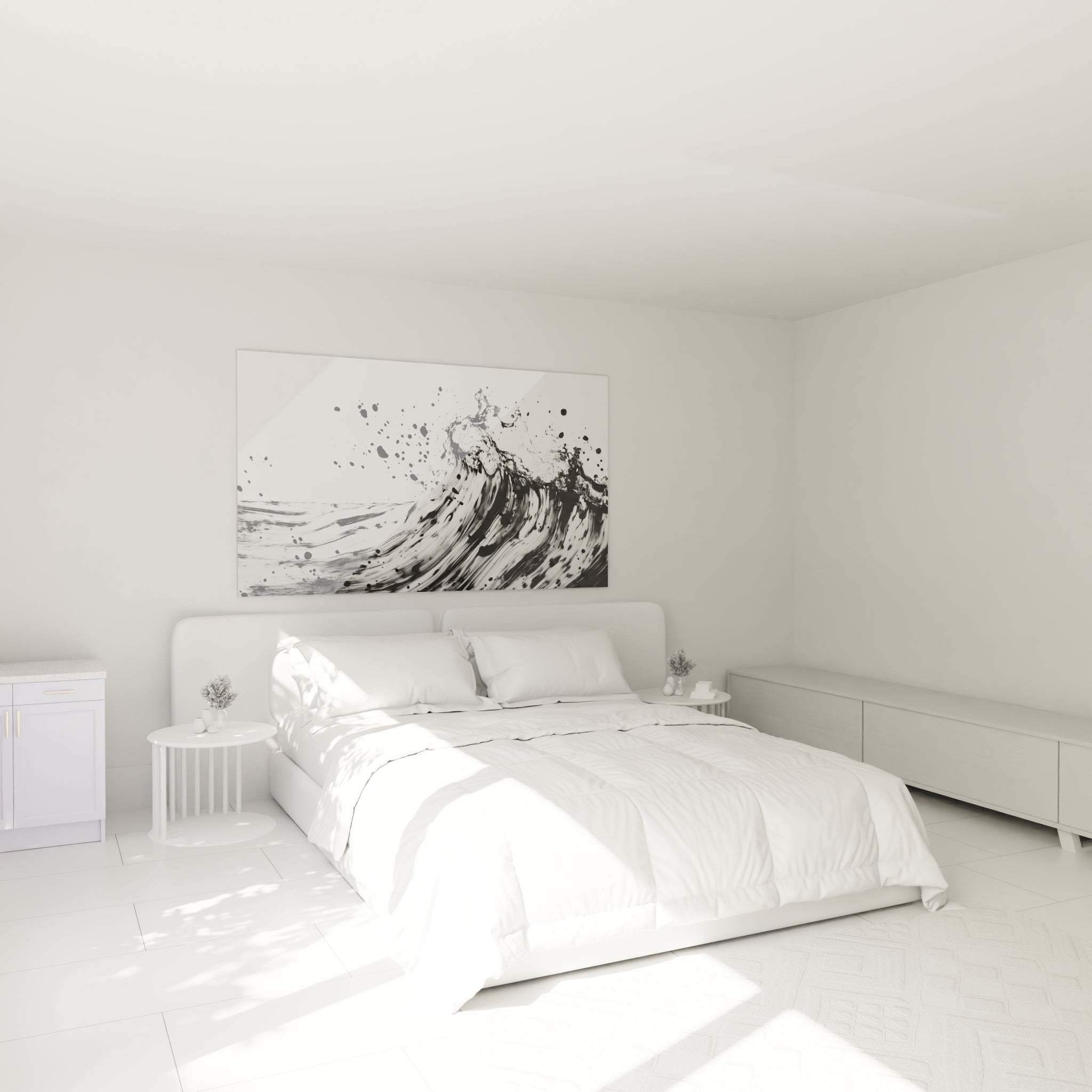 Tableau tacheté noir et blanc de Walensky représentant une vague sur un mur de chambre moderne
