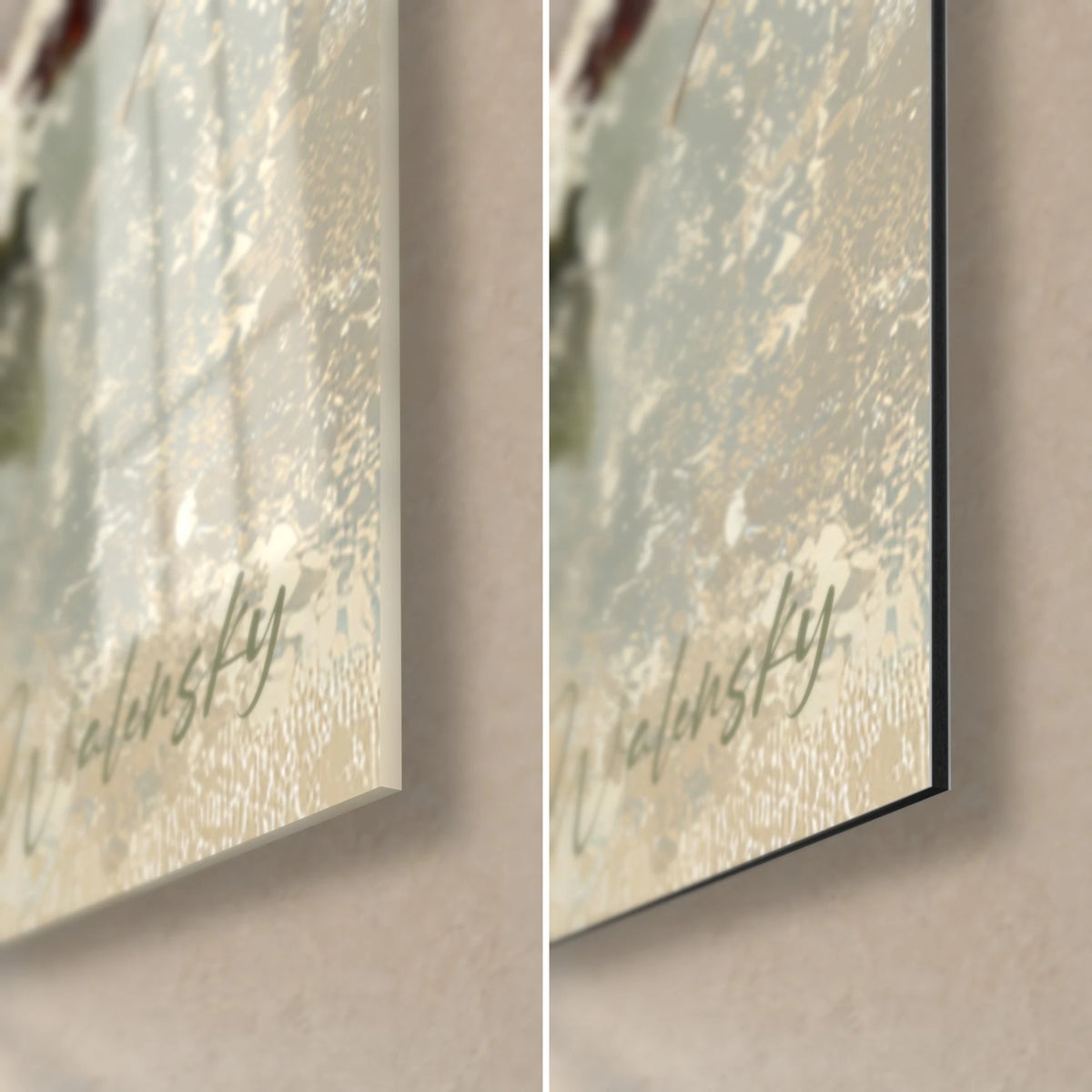 Tableau houx aux baies rouges, coin bas droit : verre acrylique brillant à gauche, Dibond mat noir à droite, signature verte, tranche