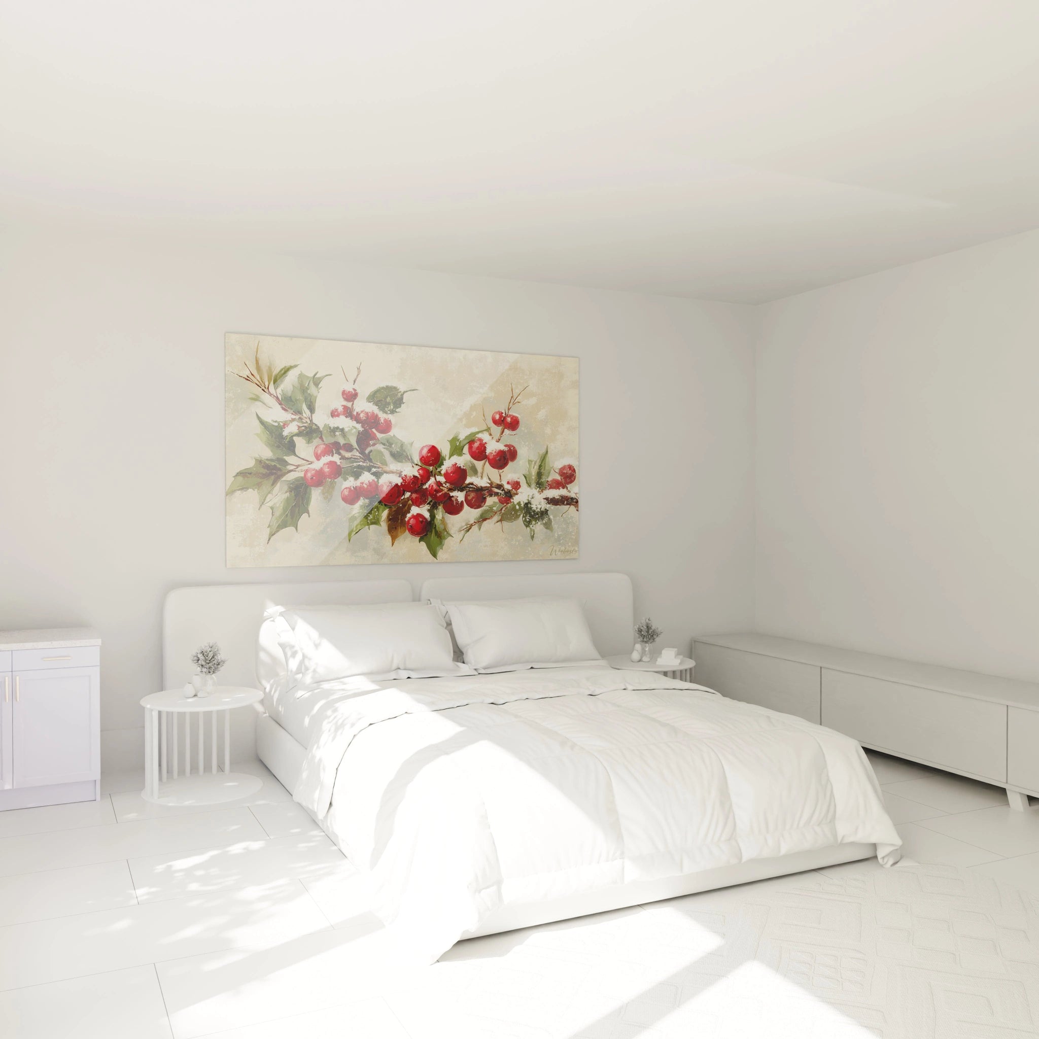 Tableau mural Noël houx avec des baies rouges et des feuilles vertes dans une chambre moderne