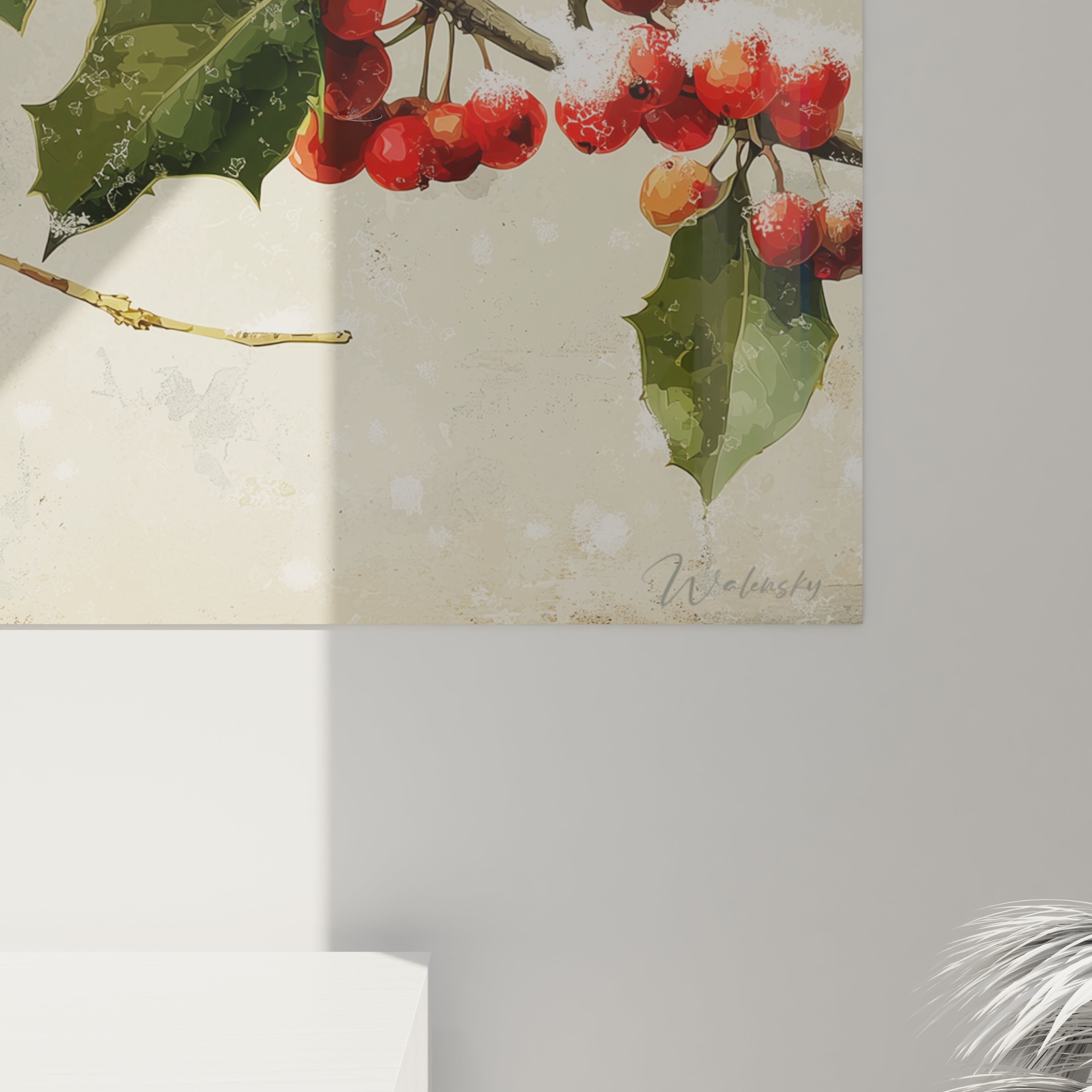 Tableau mural houx édition Noël de Walensky avec des baies rouges sur fond beige
