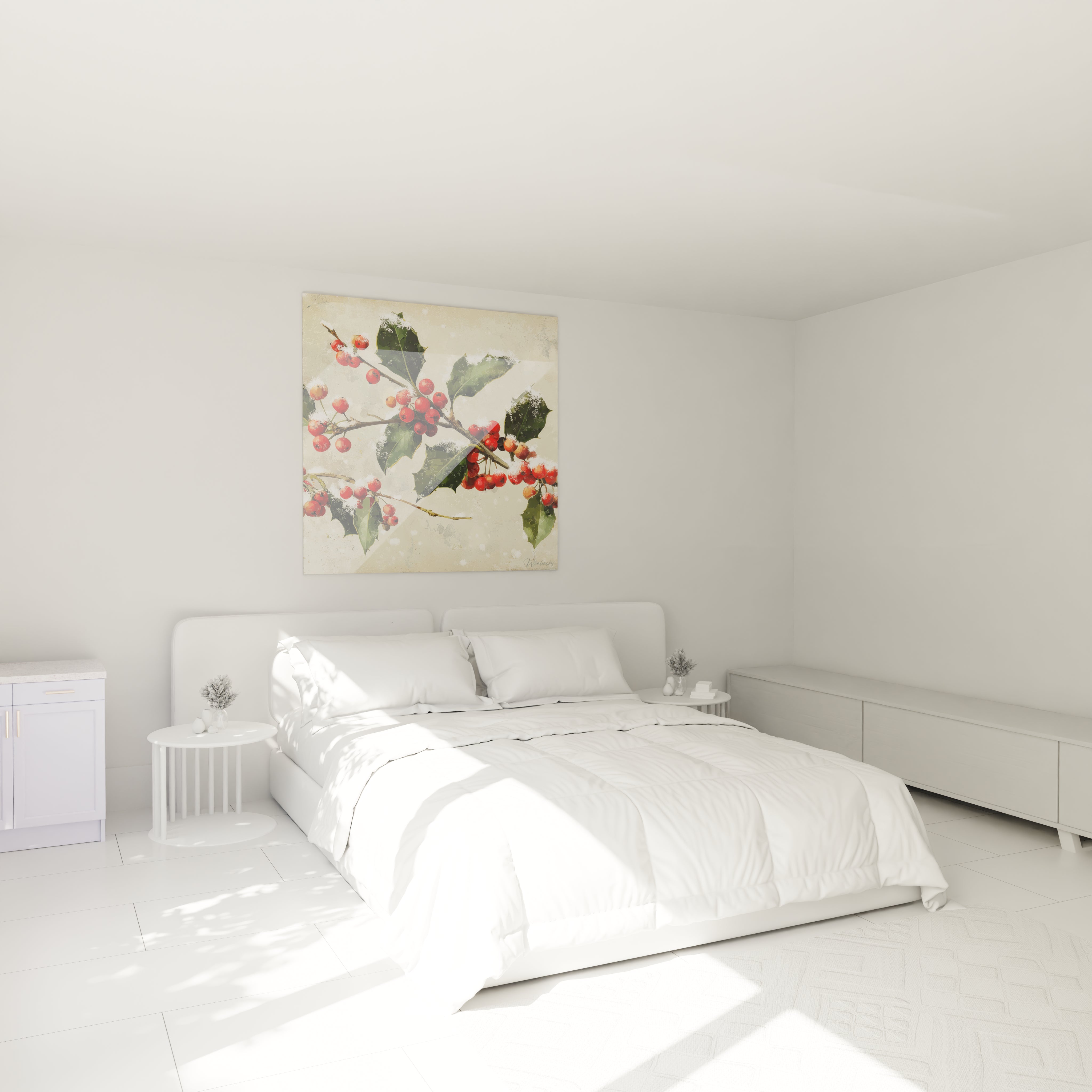 Tableau houx édition Noël accroché au mur d'une chambre moderne avec lit blanc