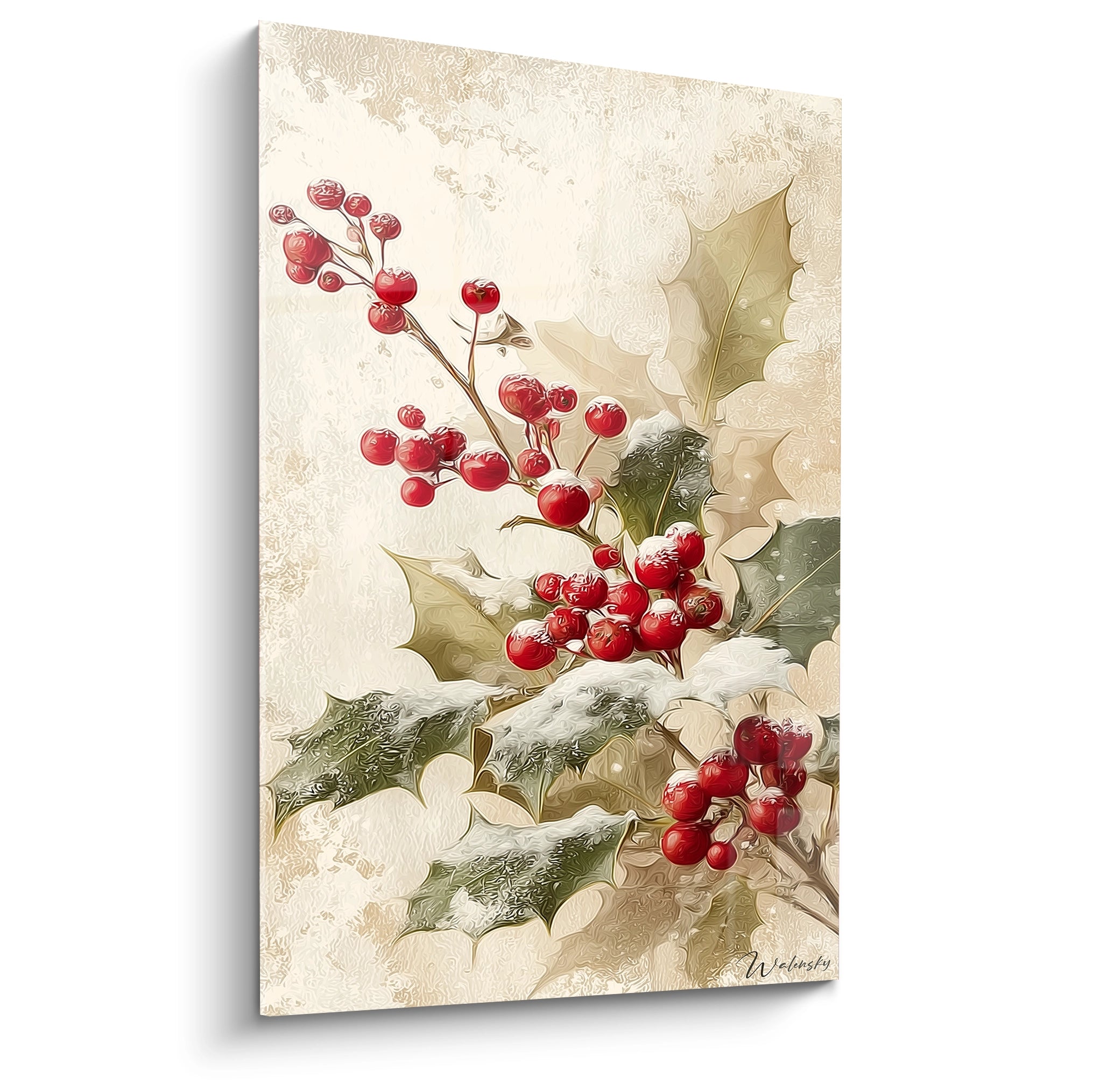 Tableau mural décoratif avec des baies de houx soie nacrée pour une touche festive