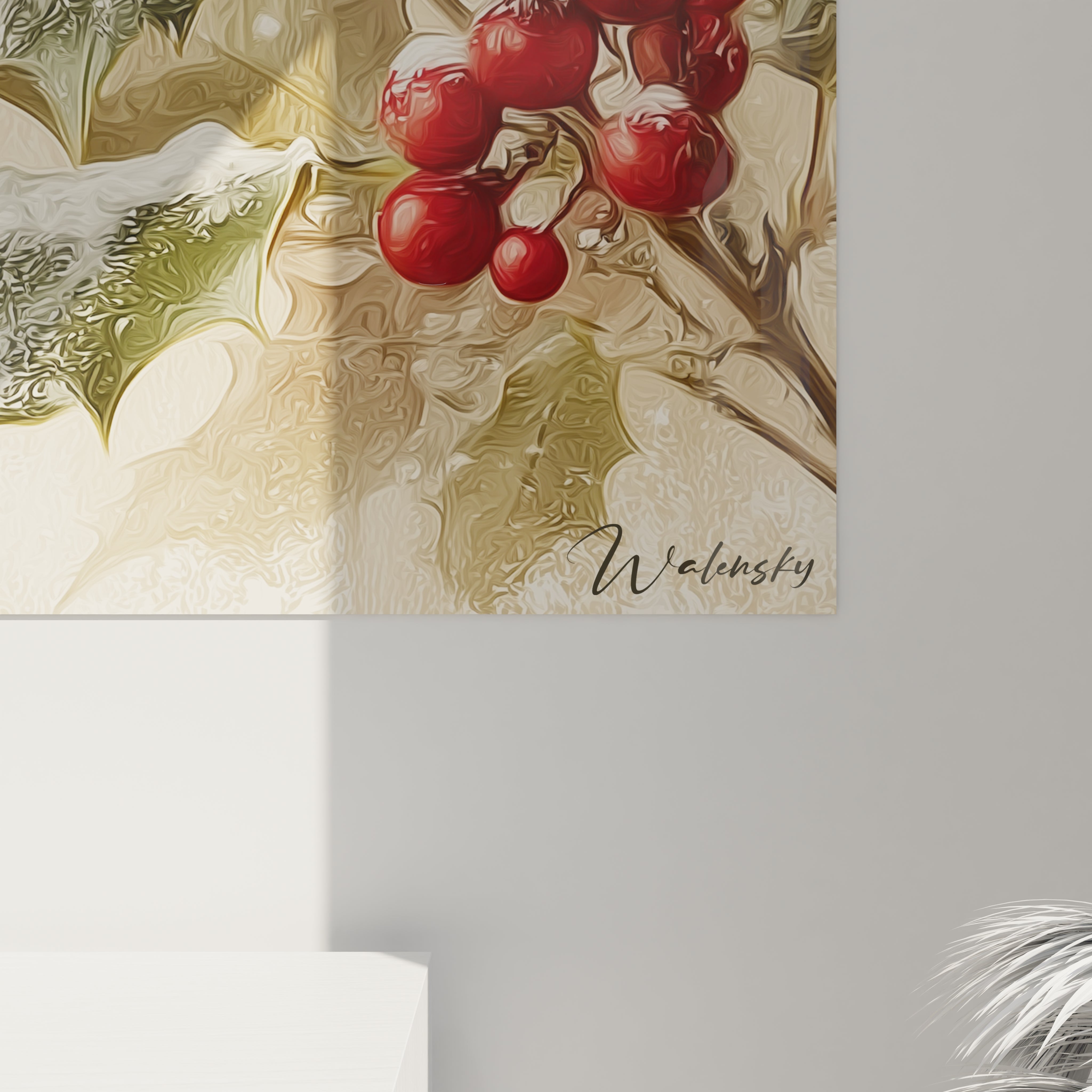 Tableau mural houx soie nacrée de Walensky avec des baies rouges et des feuilles vertes éclatantes