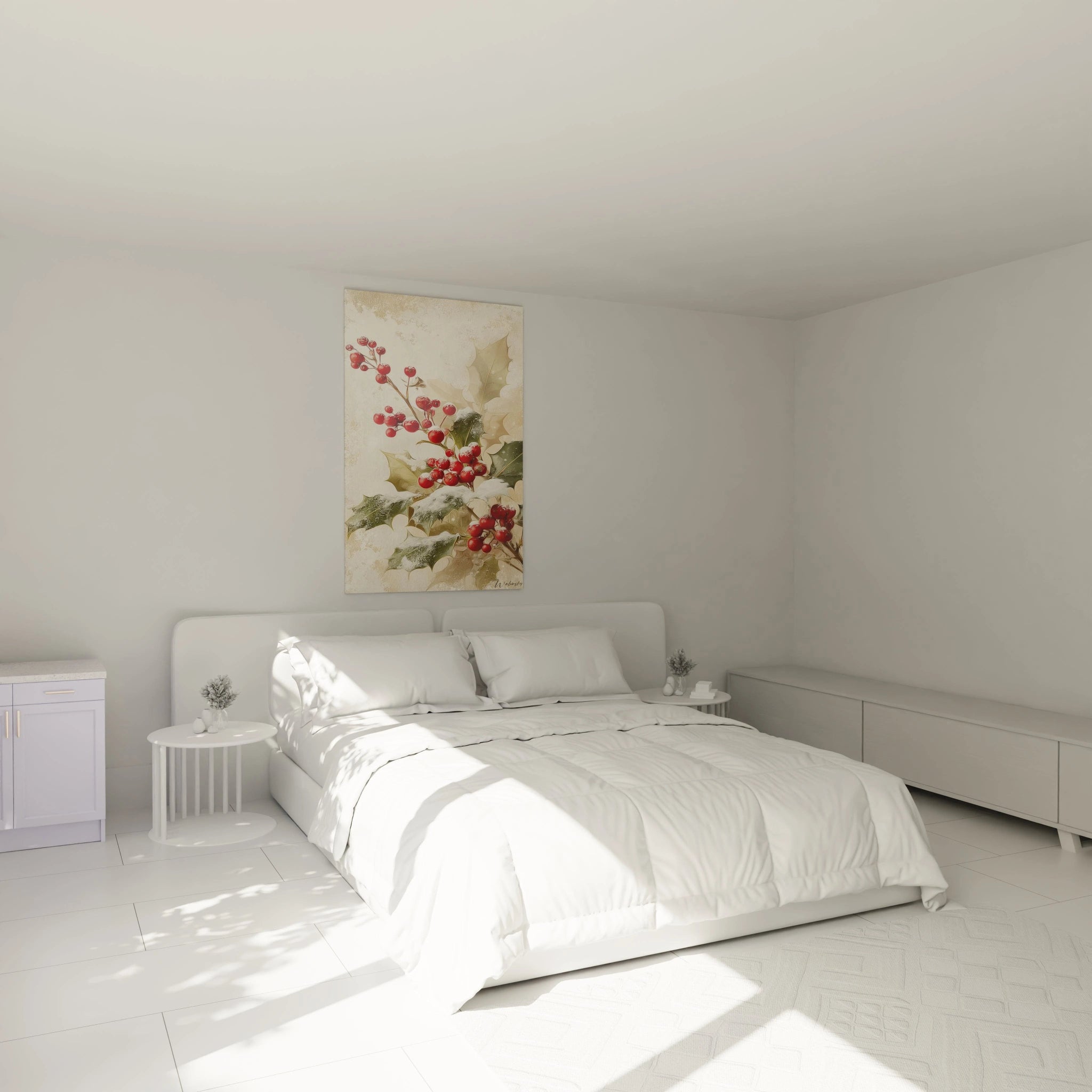 Tableau mural houx soie nacrée sur un mur décoratif dans une chambre moderne