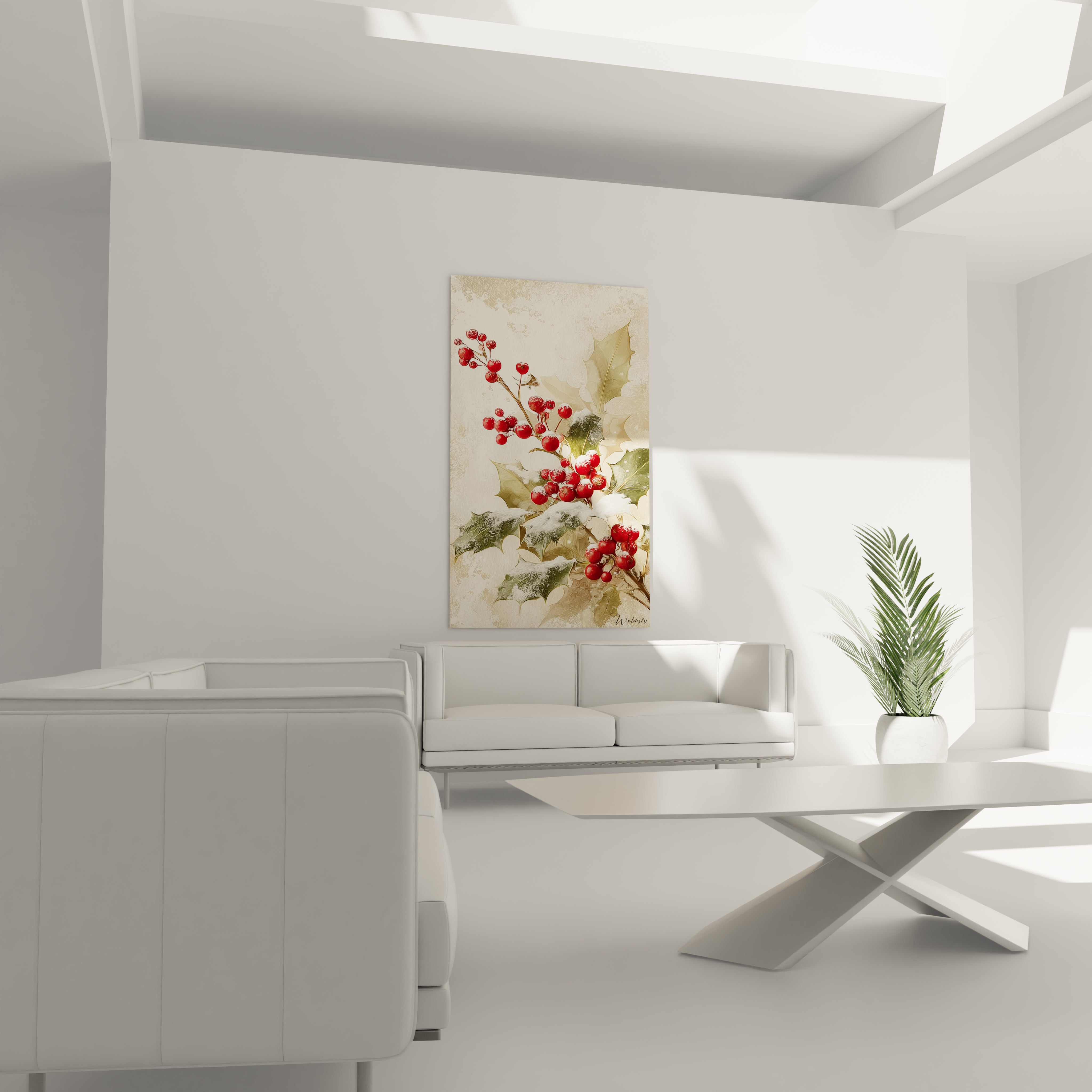 Tableau mural houx soie nacrée avec des baies rouges sur fond beige pour une décoration raffinée
