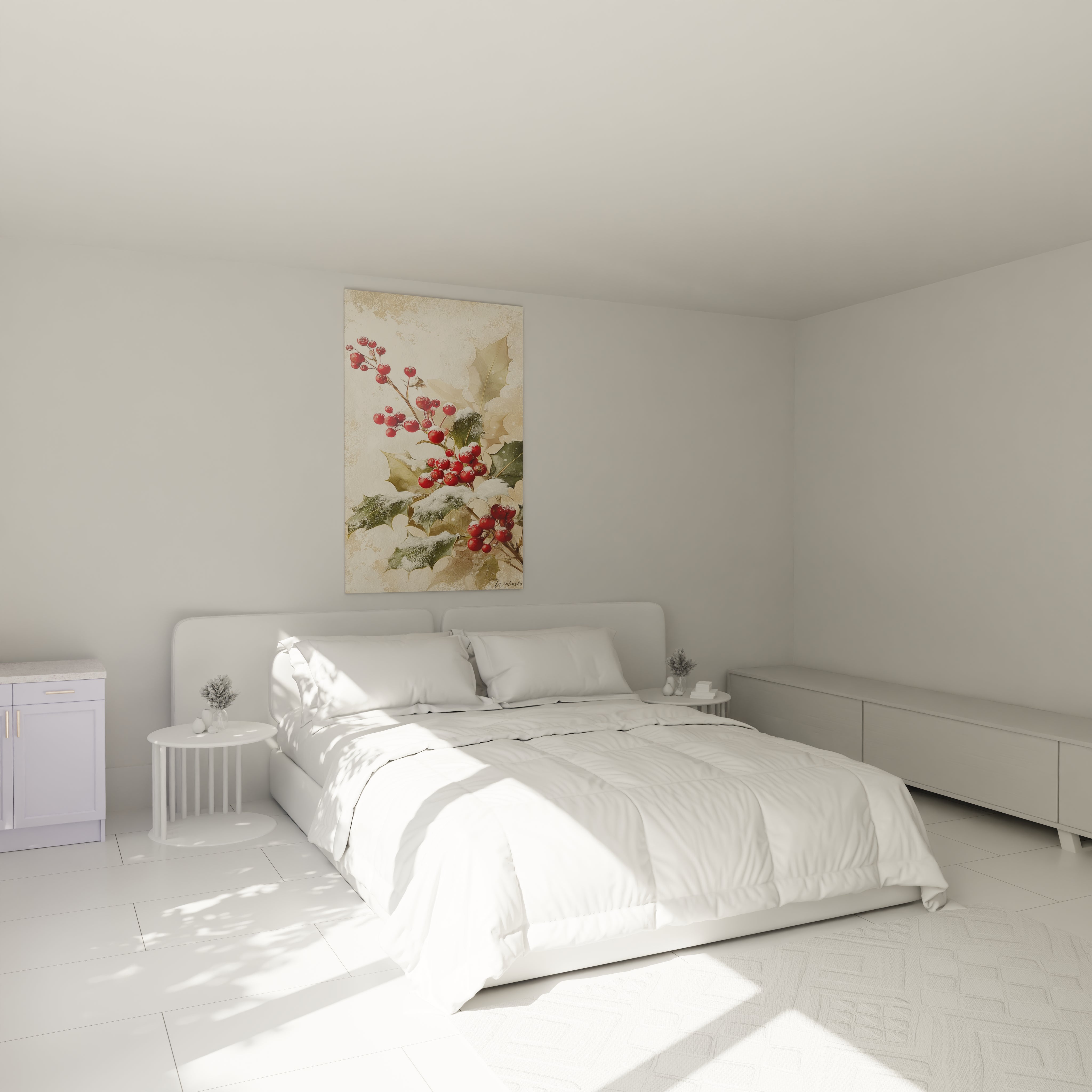 Tableau mural houx soie nacrée sur un mur décoratif dans une chambre moderne