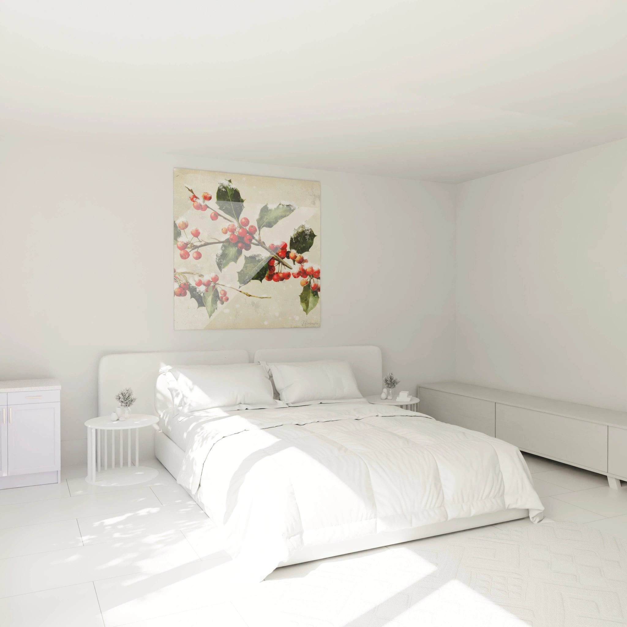 Tableau houx édition Noël accroché au mur d'une chambre moderne avec lit blanc
