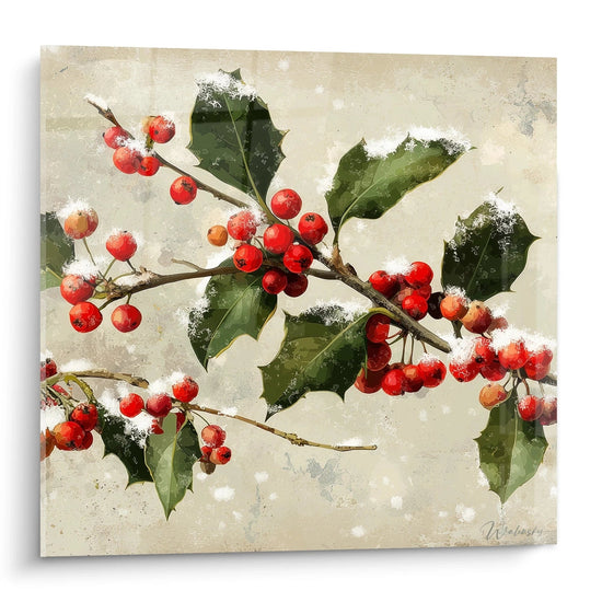 Quadro murale agrifoglio edizione Natale con bacche rosse e foglie verdi, ideale per la decorazione festiva