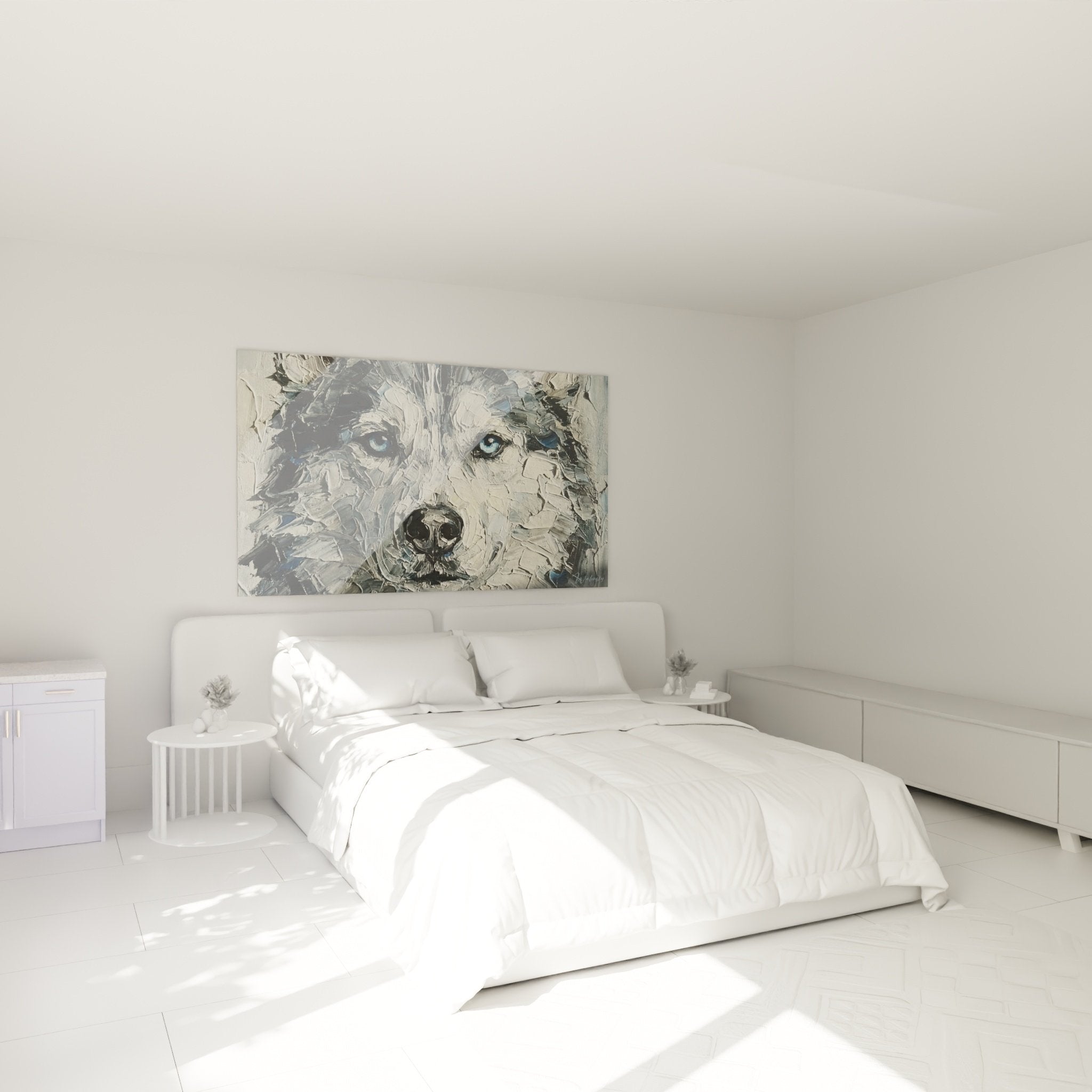 Tableau husky yeux bleus dans chambre décoration murale nordique ambiance apaisante