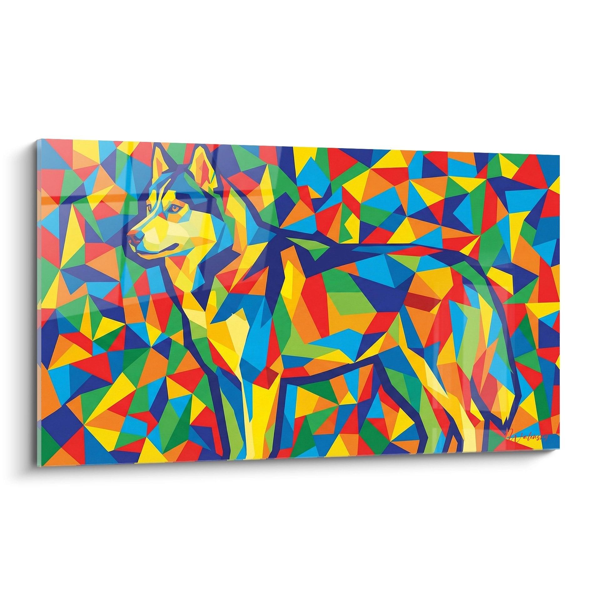 Tableau geometrique husky siberien multicolore triangles contemporain mural