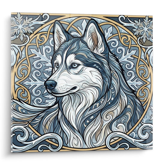 Tableau decoratif husky siberien dans mandala dore aux motifs ornementaux bleu gris