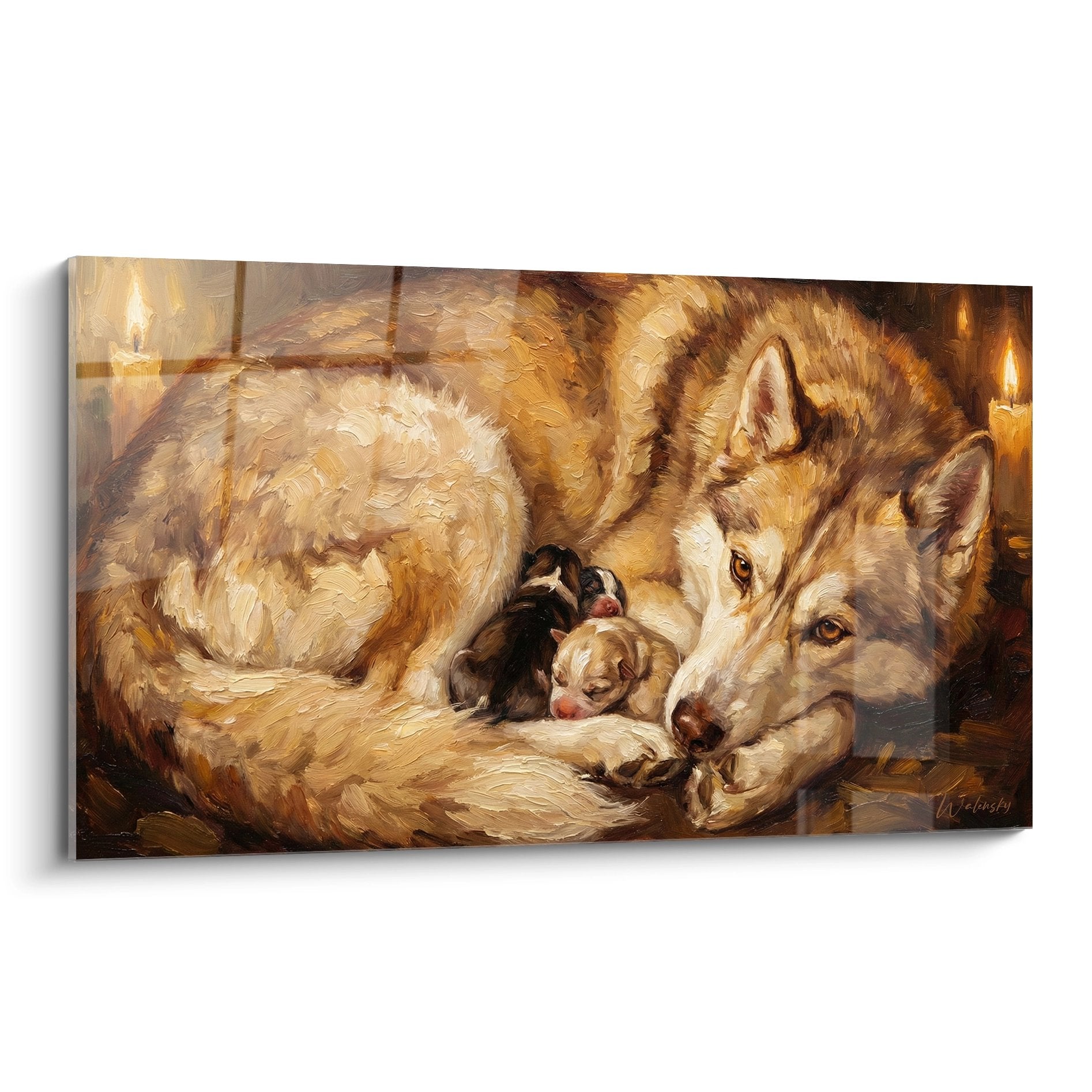 Tableau husky siberien mere avec chiots tons dores lumiere bougie ambiance chaleureuse refuge familial