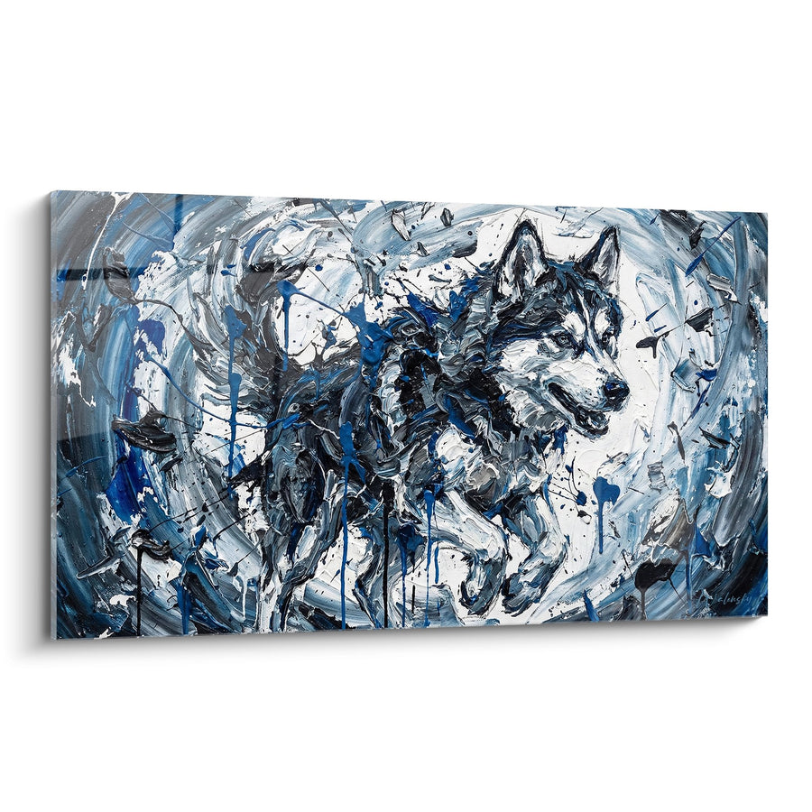 Tableau Chien aux Tons Bleus et Blancs dans un Tourbillon Abstrait - Tempête Arctique - Edition Husky Sibérien