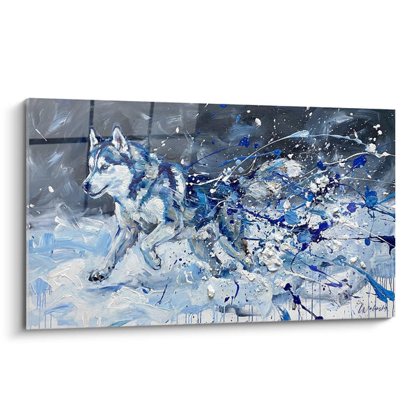 Cuadro de Husky en Tonos Azules y Grises en un Torbellino Artístico - Tormenta Ártica - Edición Husky Siberiano