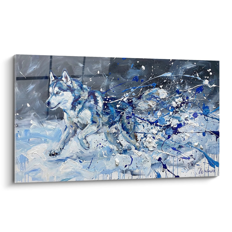 Schilderij Husky in Blauw- en Grijstinten in een Artistieke Werveling - Arctische Storm - Siberische Husky Editie