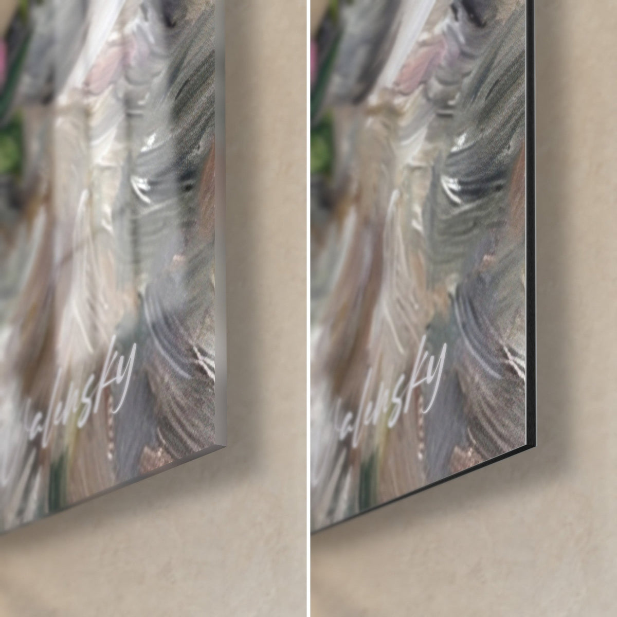 Schilderij hondenportret in olieverf, rechtsonder: glanzend glas links, mat Dibond rechts, 3 mm rand
