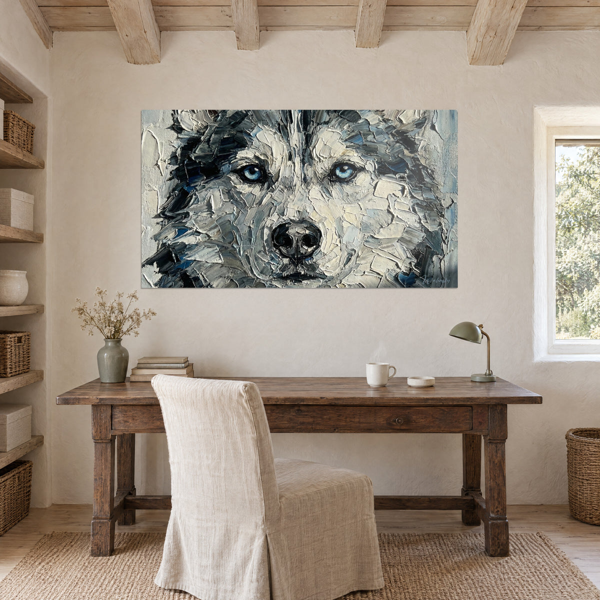 Gemälde des durchdringenden Blicks eines Huskys, silbergraues Fell und reliefartiges Cremeweiß, über einem Schreibtisch aus Rohholz neben einem Fenster