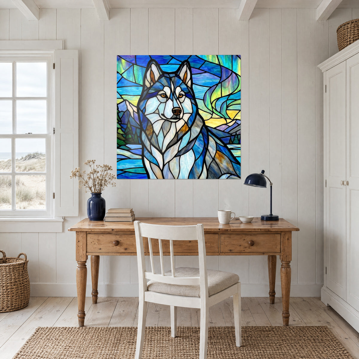 Gemälde Husky mit goldenen Iriden, schwarzes Bleiglas auf himmelblauem und hellgrünem Glas, gegenüber einem Holzschreibtisch am Fenster