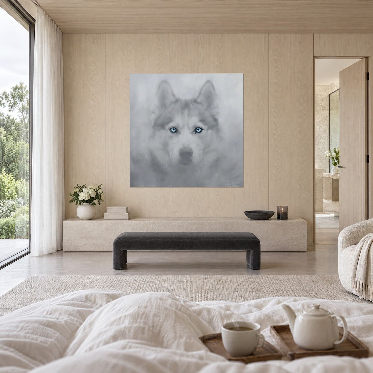 Obraz głowa husky en face, jasnoniebieska tęczówka i popielatoszare futro, uszy postawione, jasna drewniana ściana, nad łóżkiem w jasnej sypialni