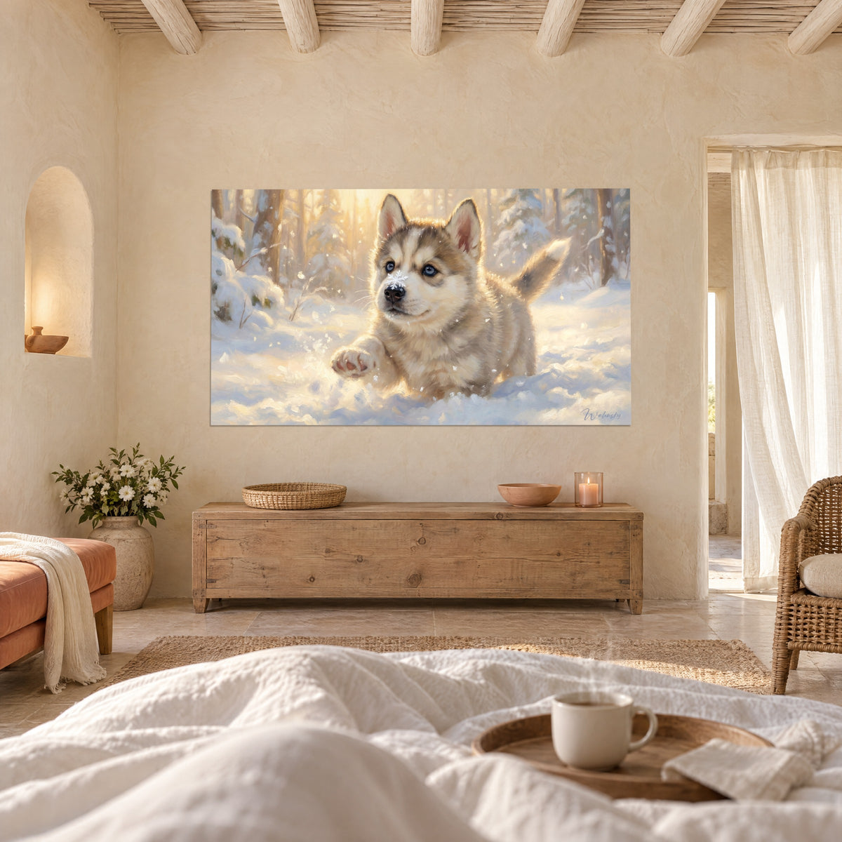 Πίνακας σιβηρικό husky σε κρεμ και παγετώδες μπλε, κρυστάλλινο βλέμμα με φόντο χιονισμένες σημύδες, πάνω από κρεβάτι σε φωτεινό υπνοδωμάτιο