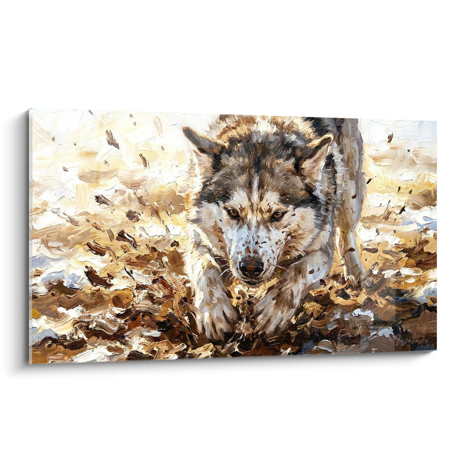 Tableau Husky Sibérien Couché dans les Feuilles d'Automne - Regard Perçant - Edition Husky Sibérien
