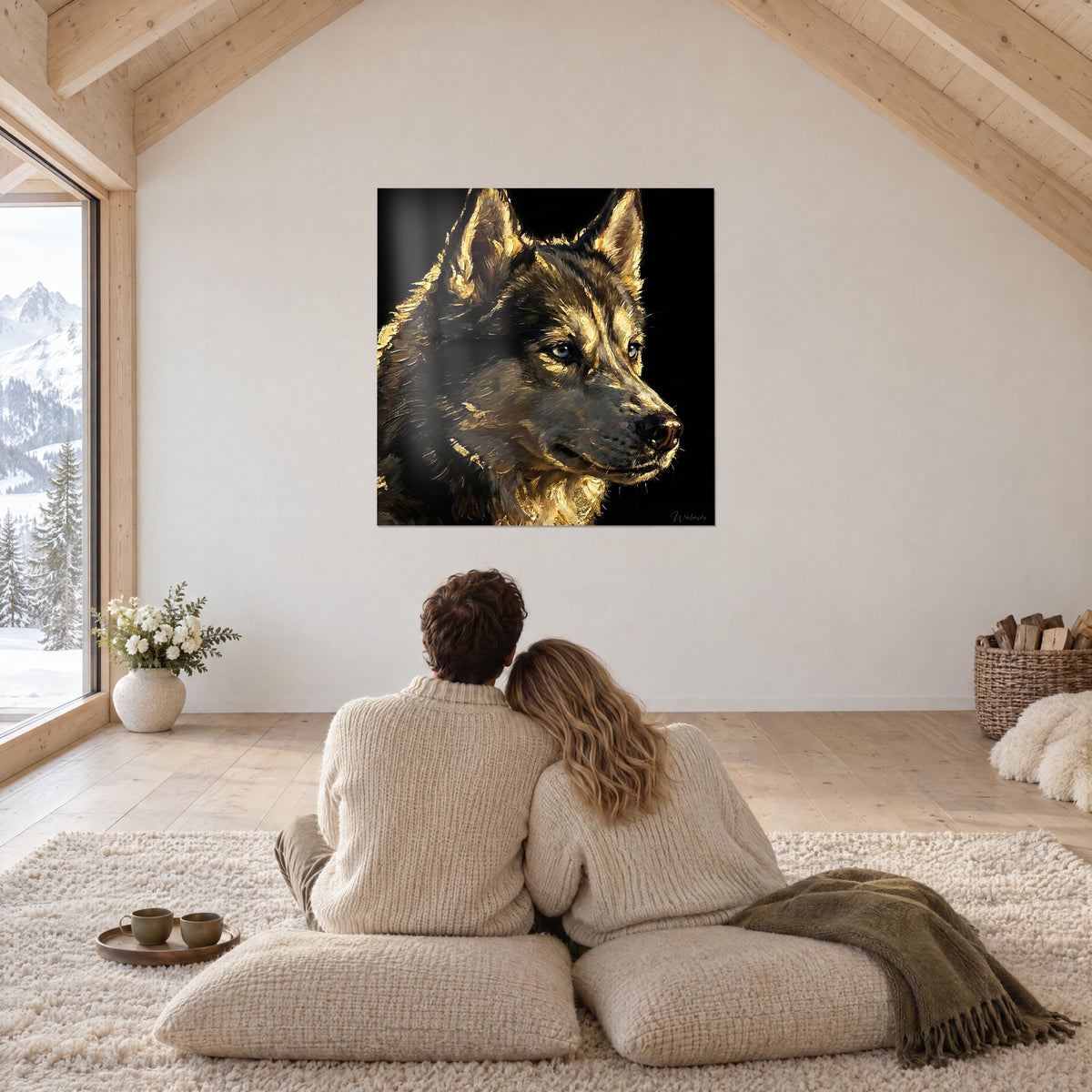 Obraz niebieskie spojrzenie huskiego ze stojącymi złotymi uszami, para tyłem siedząca na kremowych poduszkach w domu typu chata pod drewnianym dachem