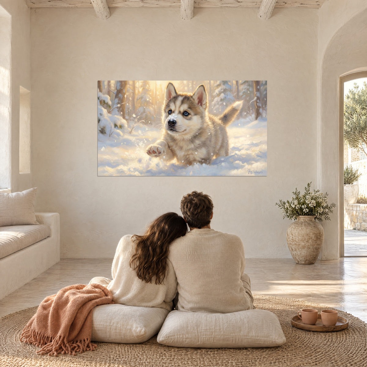 Πίνακας πορτρέτο κουταβιού husky που τρέχει στο χρυσό χιόνι, τρίχωμα μαργαριταρένιο γκρι και μελί, σε λευκό καθιστικό με ζευγάρι από πίσω