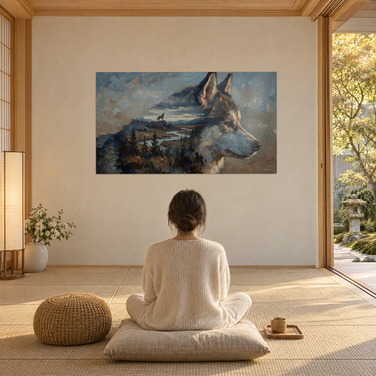 Cuadro retrato animal de husky y valle fluvial, luz crepuscular gris y dorada, contemplado por una mujer de espaldas sobre un cojín