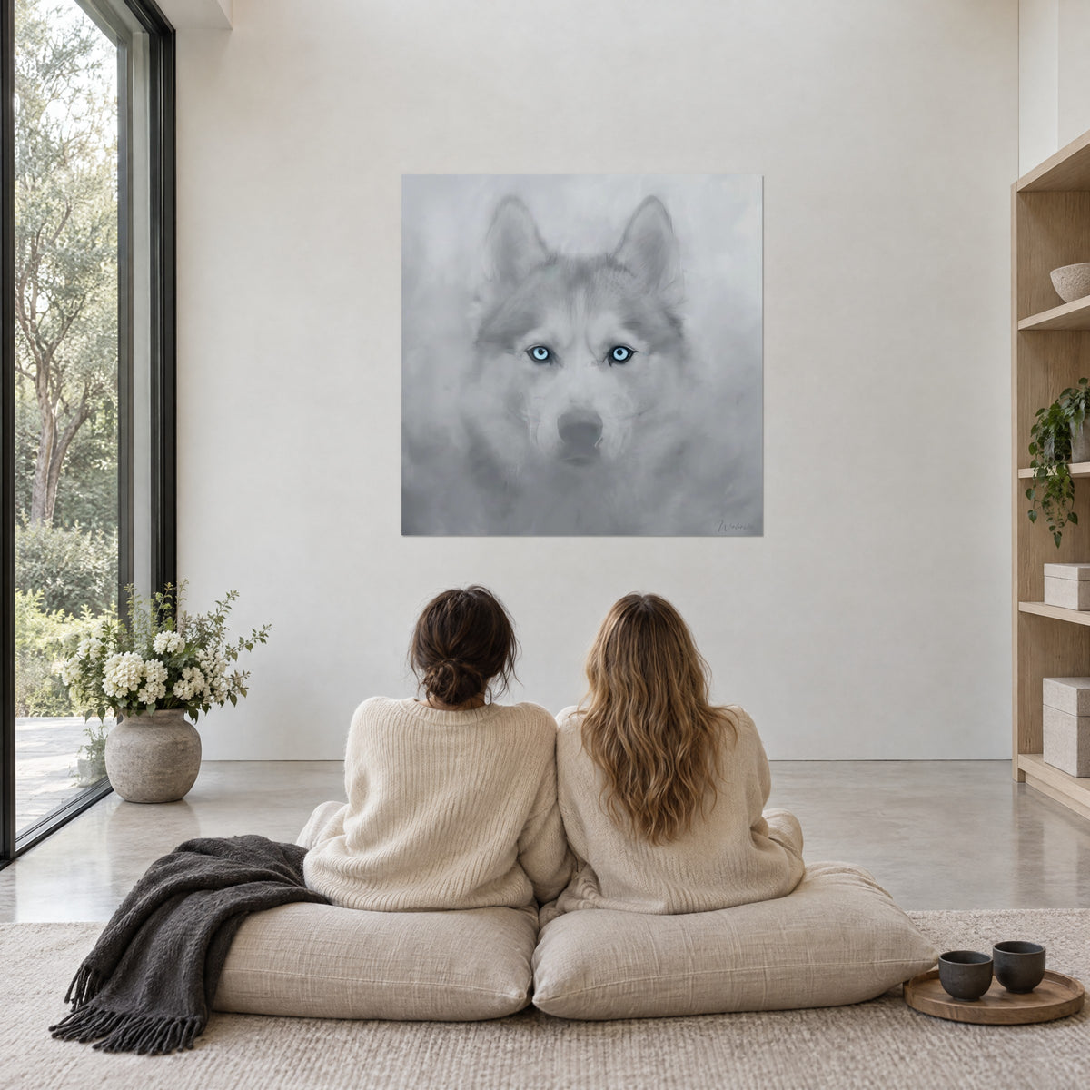 Obraz husky w lodowoniebieskim odcieniu en face, mglisto szare futro i zamglone tło, dwie kobiety tyłem siedzące na beżowych poduszkach, przeszklenie z widokiem na drzewa