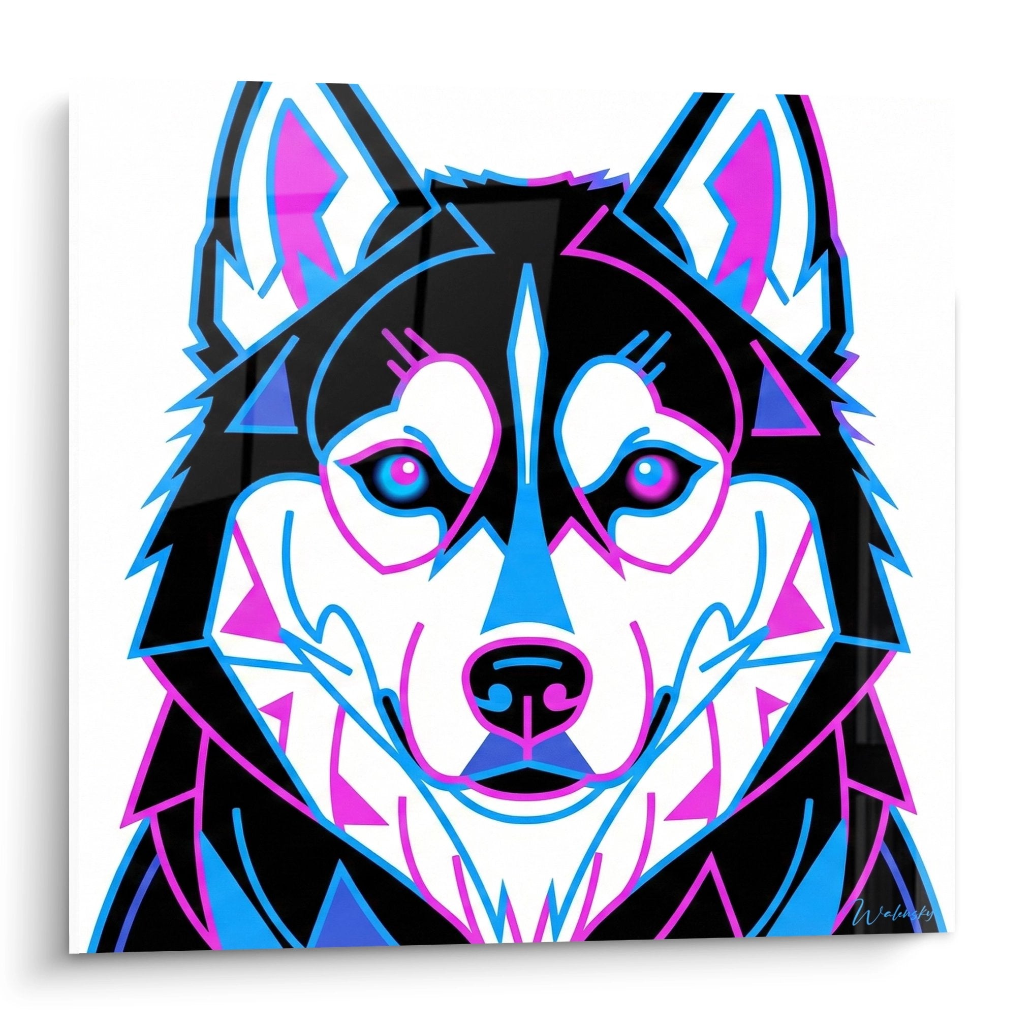 Portrait géométrique moderne de Husky Sibérien aux yeux bleus avec style vectoriel coloré bleu rose blanc