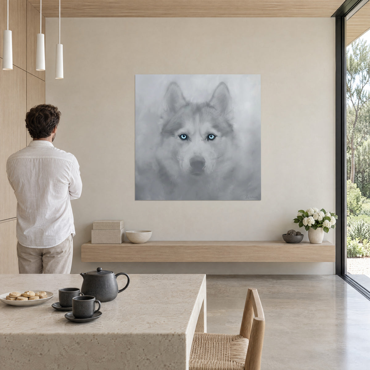 Obraz magiczne spojrzenie syberyjskiego husky, jasnoniebieskie oczy, delikatnie przechodzące w szarości i biel futro, mężczyzna w białej koszuli tyłem, salon z widokiem na las