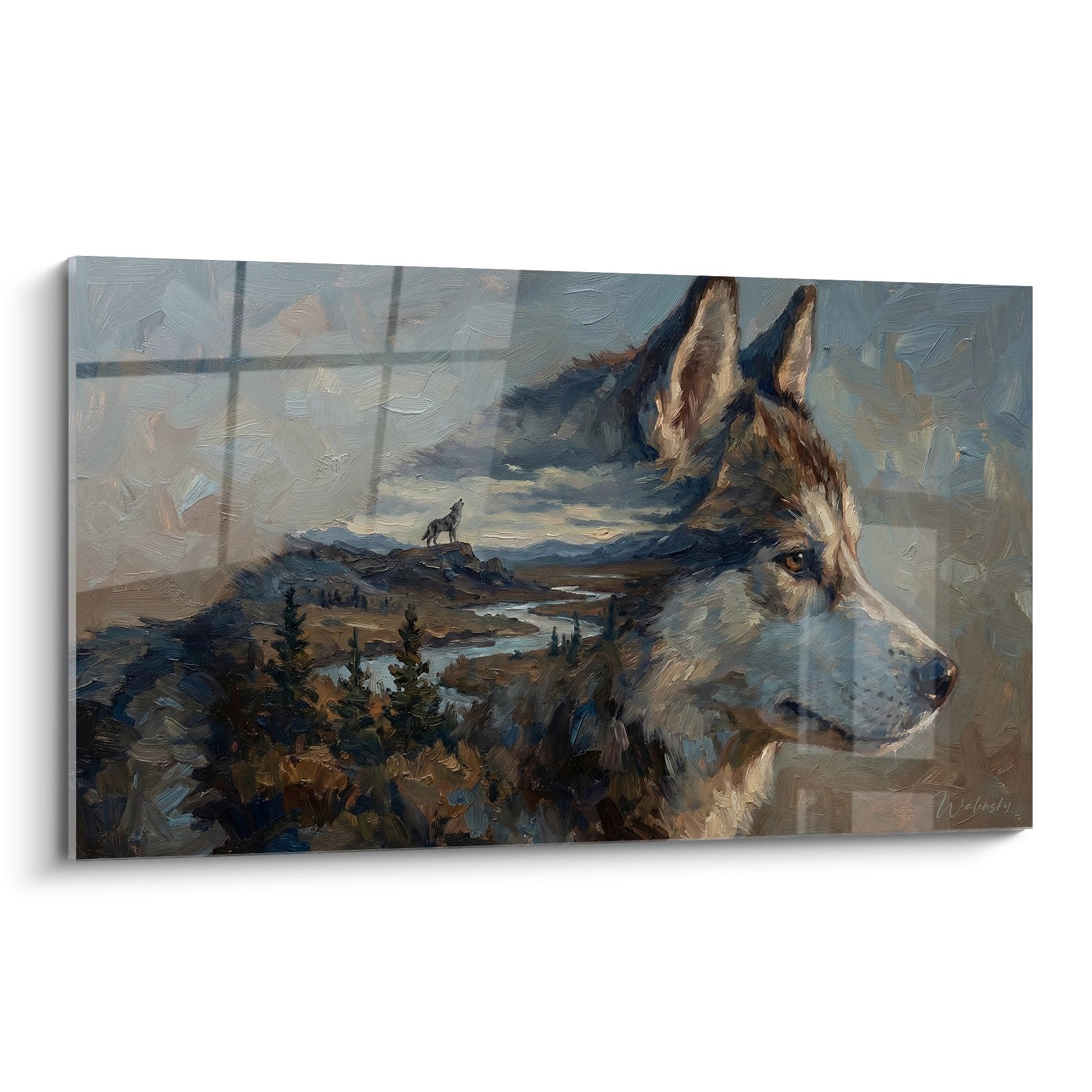 Portrait artistique Husky Sibérien profil double exposition paysage montagneux tons bruns bleus