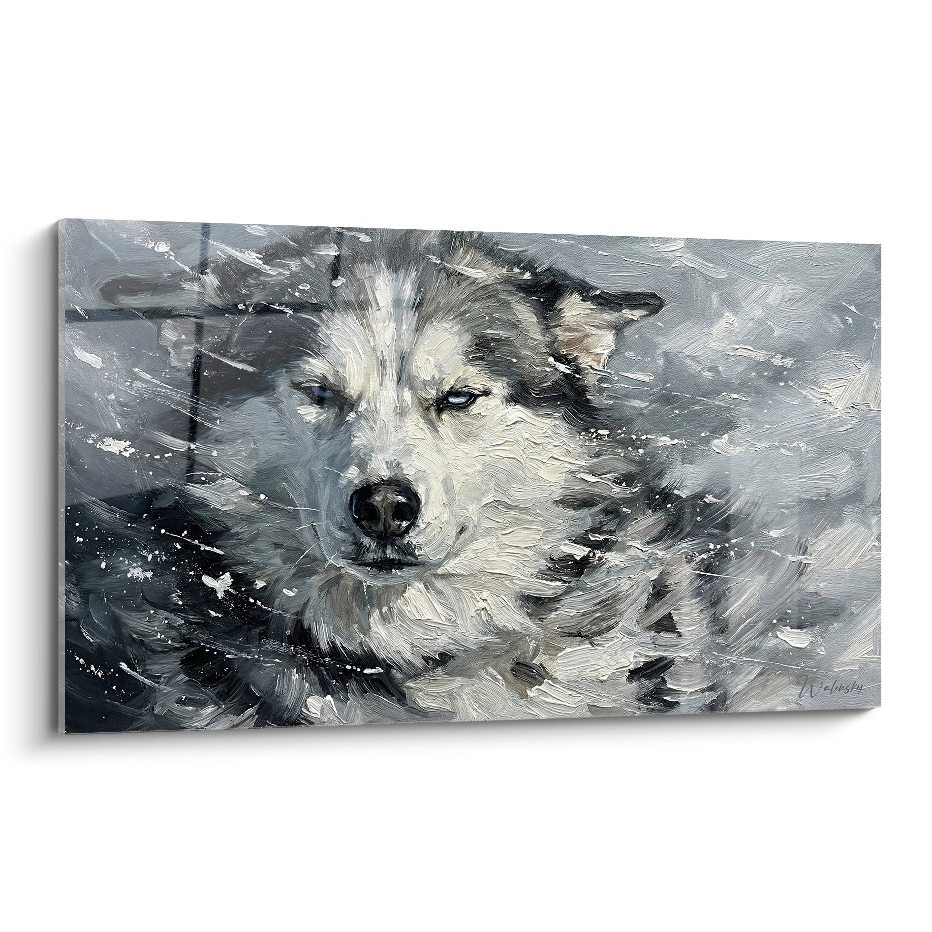 Tableau peinture husky sibérien dans tempête de neige tons gris et blanc tourbillons artistiques
