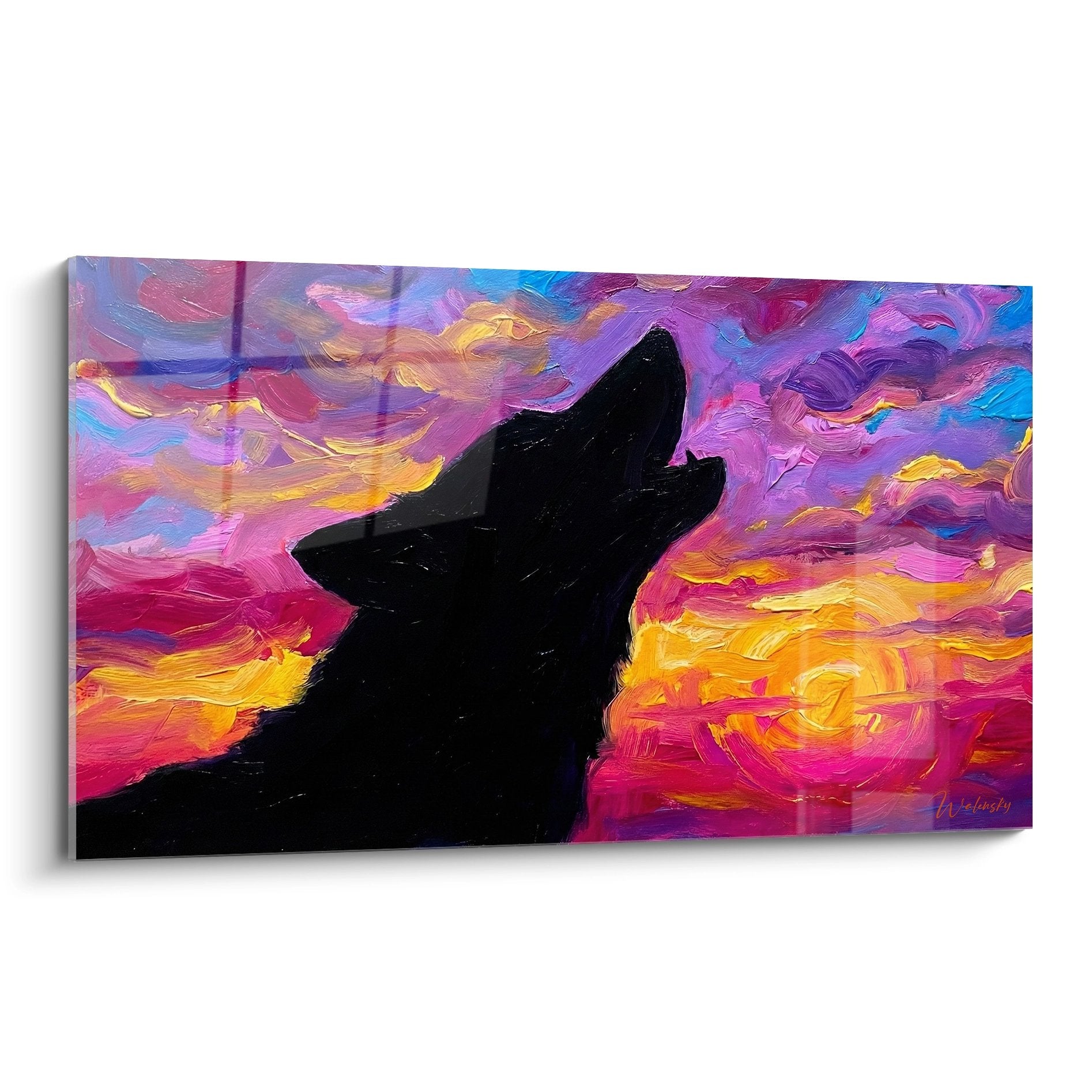 Tableau husky siberien silhouette noire hurlement ciel violet orange rose peinture moderne