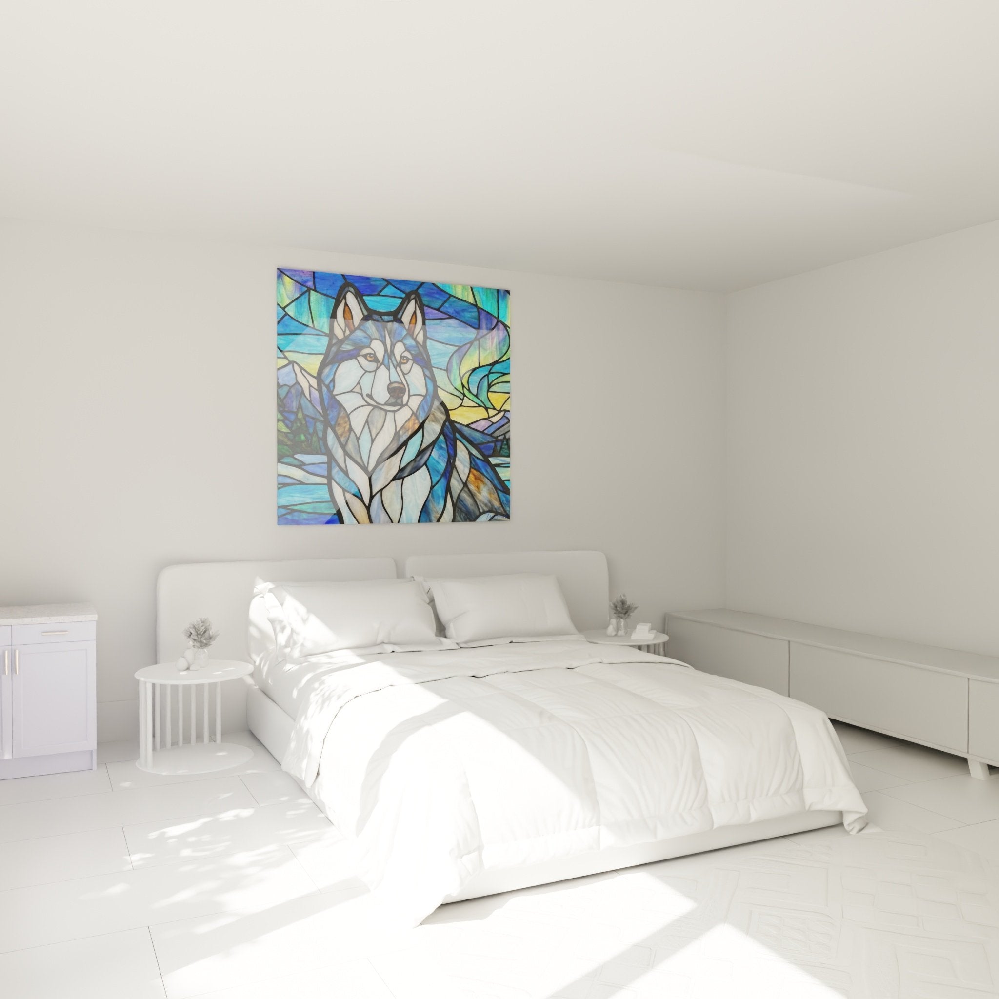 Tableau husky vitrail bleu exposé dans chambre moderne avec décoration scandinave et murs blancs