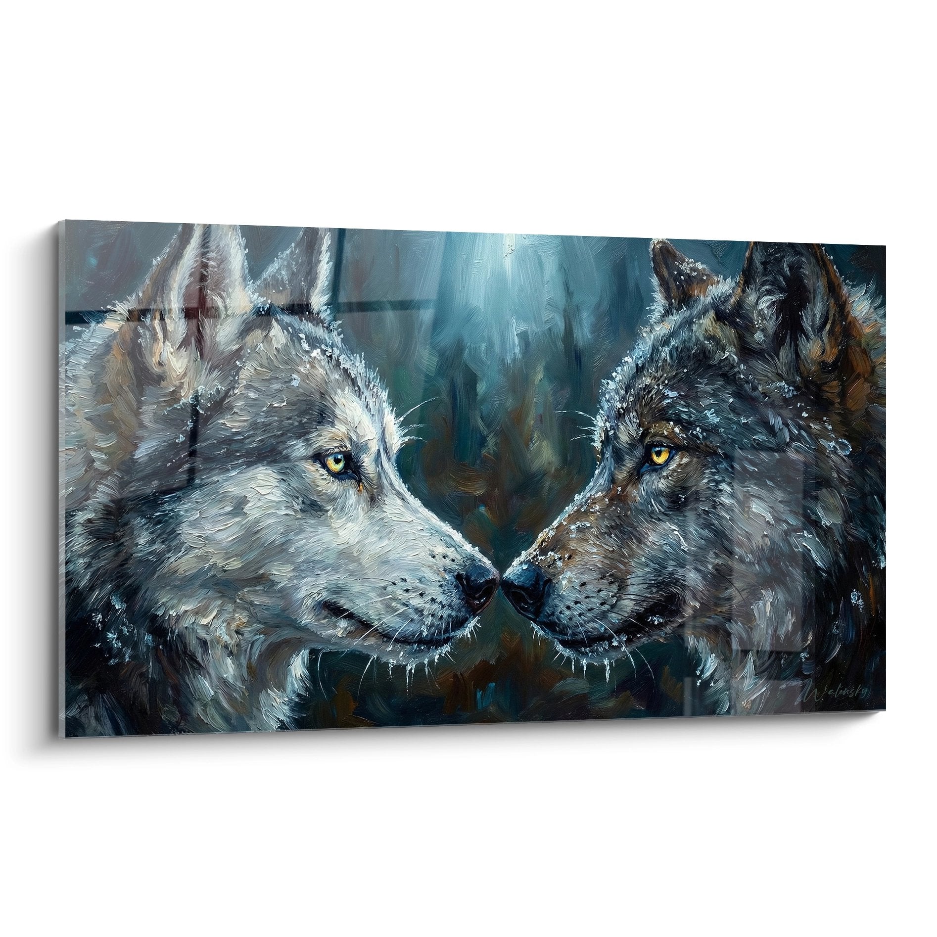 Tableau deux huskys siberiens yeux dores museau contre museau peinture realiste tons bleu gris