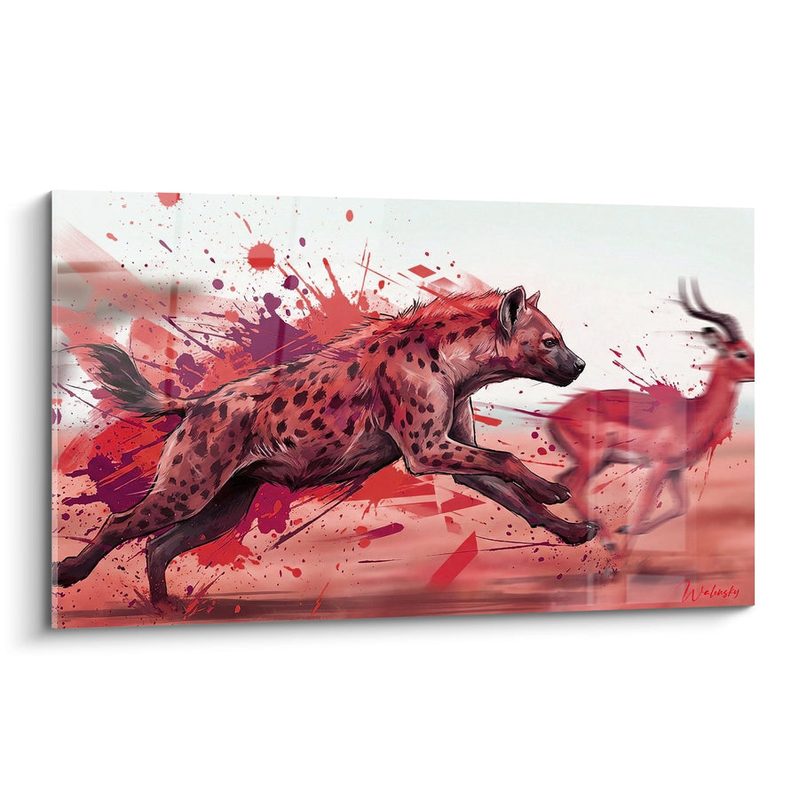 Tableau Hyène Rouge en Mouvement avec Éclaboussures Artistiques - Force Sauvage - Edition Hyene