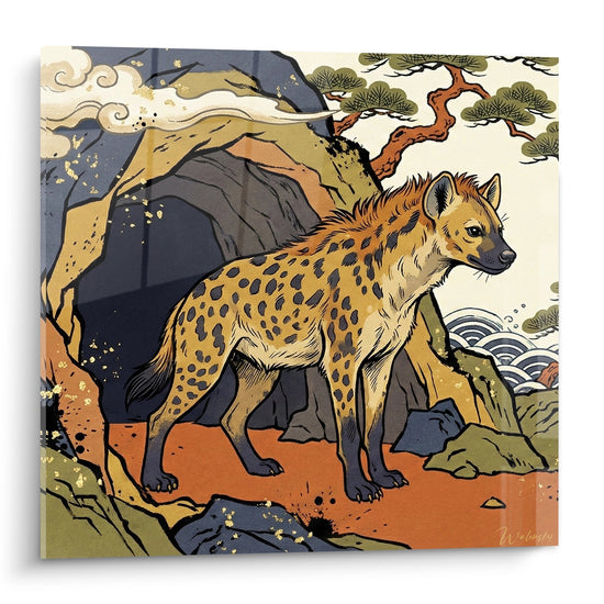 Spotted Hyena on Ochre Rocks Japanese Style Painting - Wild Power - Hyena Edition