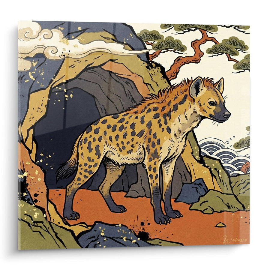 Tableau Hyène Tachetée sur Rochers Ocre Style Japonais - Puissance Sauvage - Edition Hyène