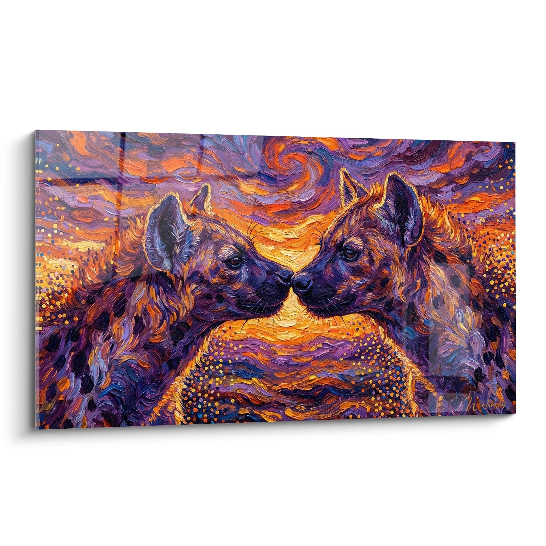 Tableau post-impressionniste hyenes enlacees tons violets orange tourbillons colores art animalier contemporain